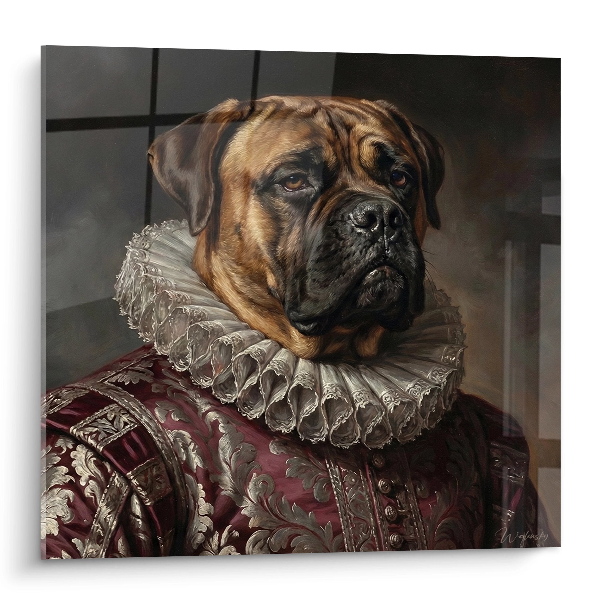 Bullmastiff en costume renaissance bordeaux avec fraise dentelle blanche portrait aristocratique sur fond sombre