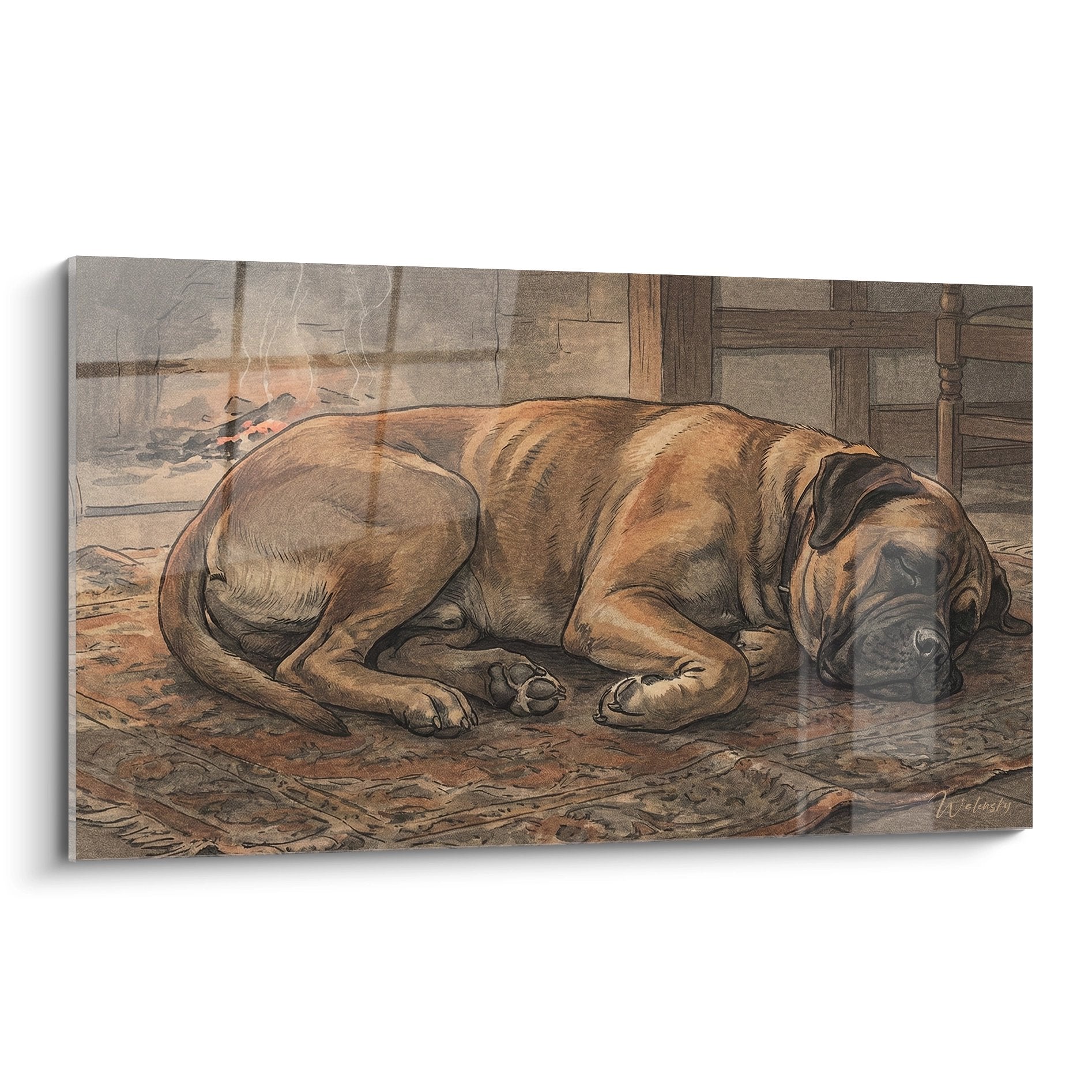 Bullmastiff endormi près d'une cheminée en pierre, tableau aux tons ocre et brun dans intérieur rustique