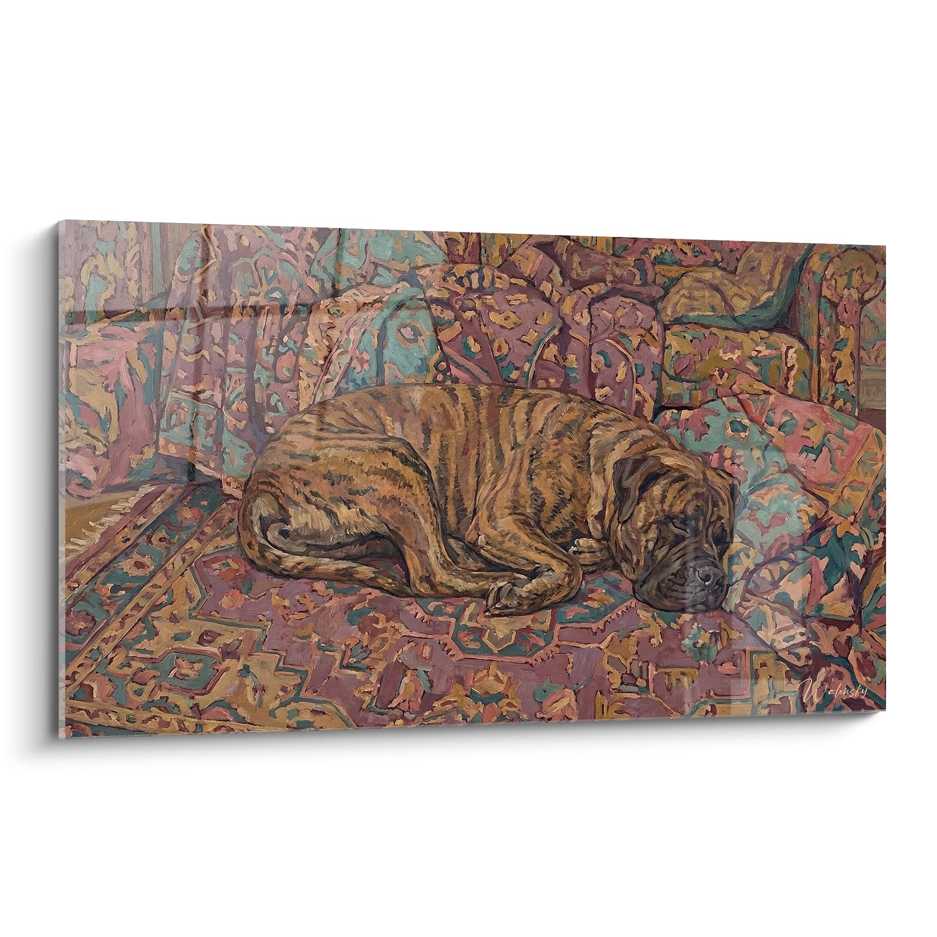Bullmastiff endormi sur tapis oriental aux motifs geometriques pourpres et ocre style artistique