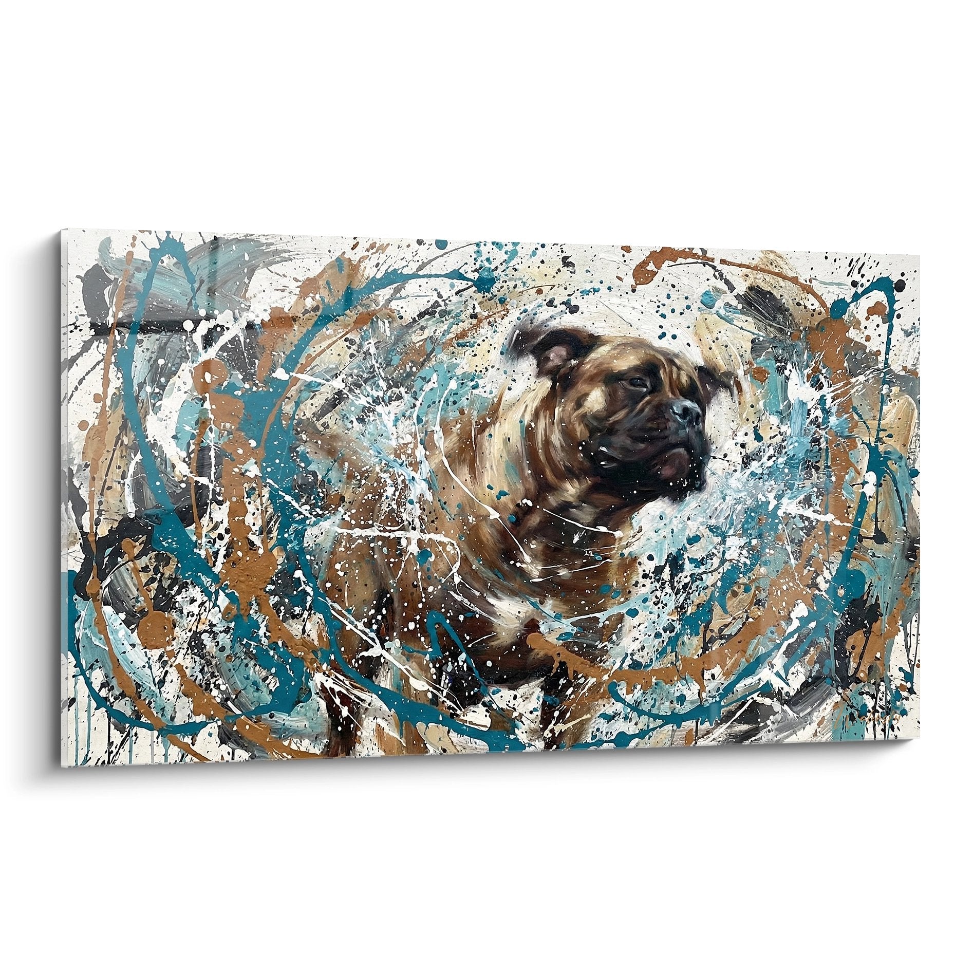 Tableau expressionniste Bullmastiff dans tourbillon couleurs turquoise ocre style action painting contemporain