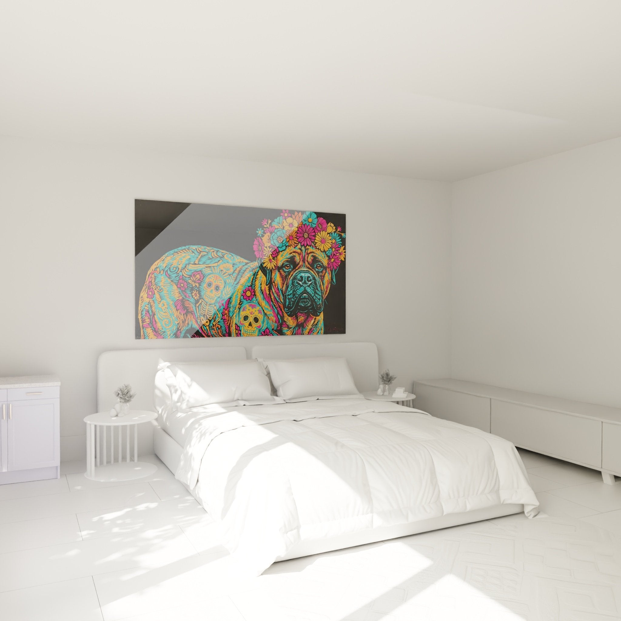 Psychedelisches florales Bullmastiff-Gemälde an der Wand eines modernen Schlafzimmers aufgehängt bunte Wanddekoration