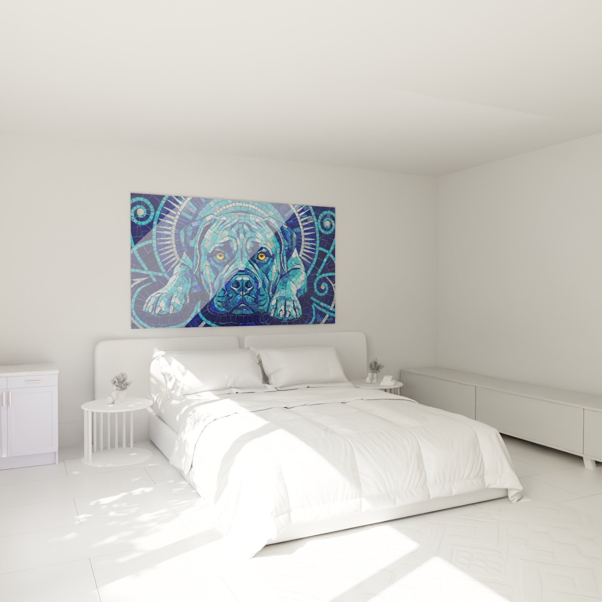 Tableau mosaique chien Bullmastiff bleu dans chambre moderne avec decoration contemporaine murale