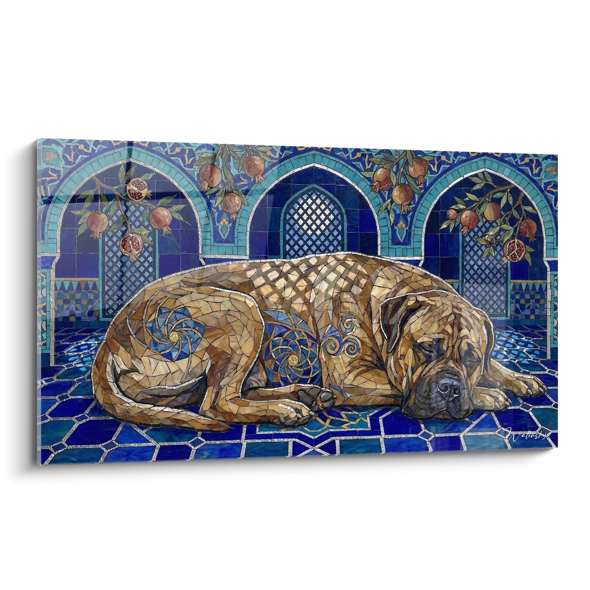 Bullmastiff endormi sur mosaïque bleue orientale avec arches décorées de grenades, style art islamique apaisant