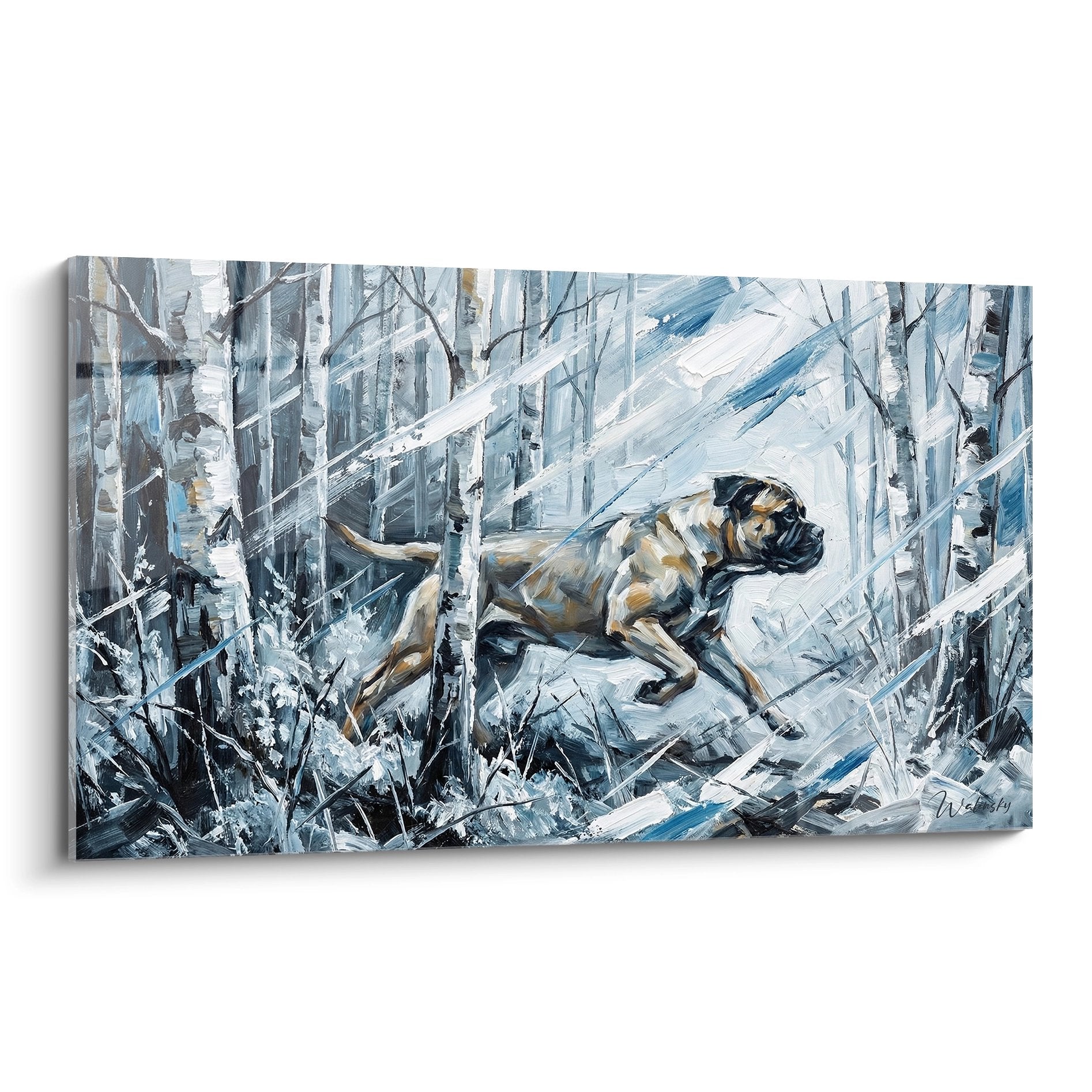 Tableau bullmastiff dans paysage neige hivernale tons bleus blancs style expressionniste art canin