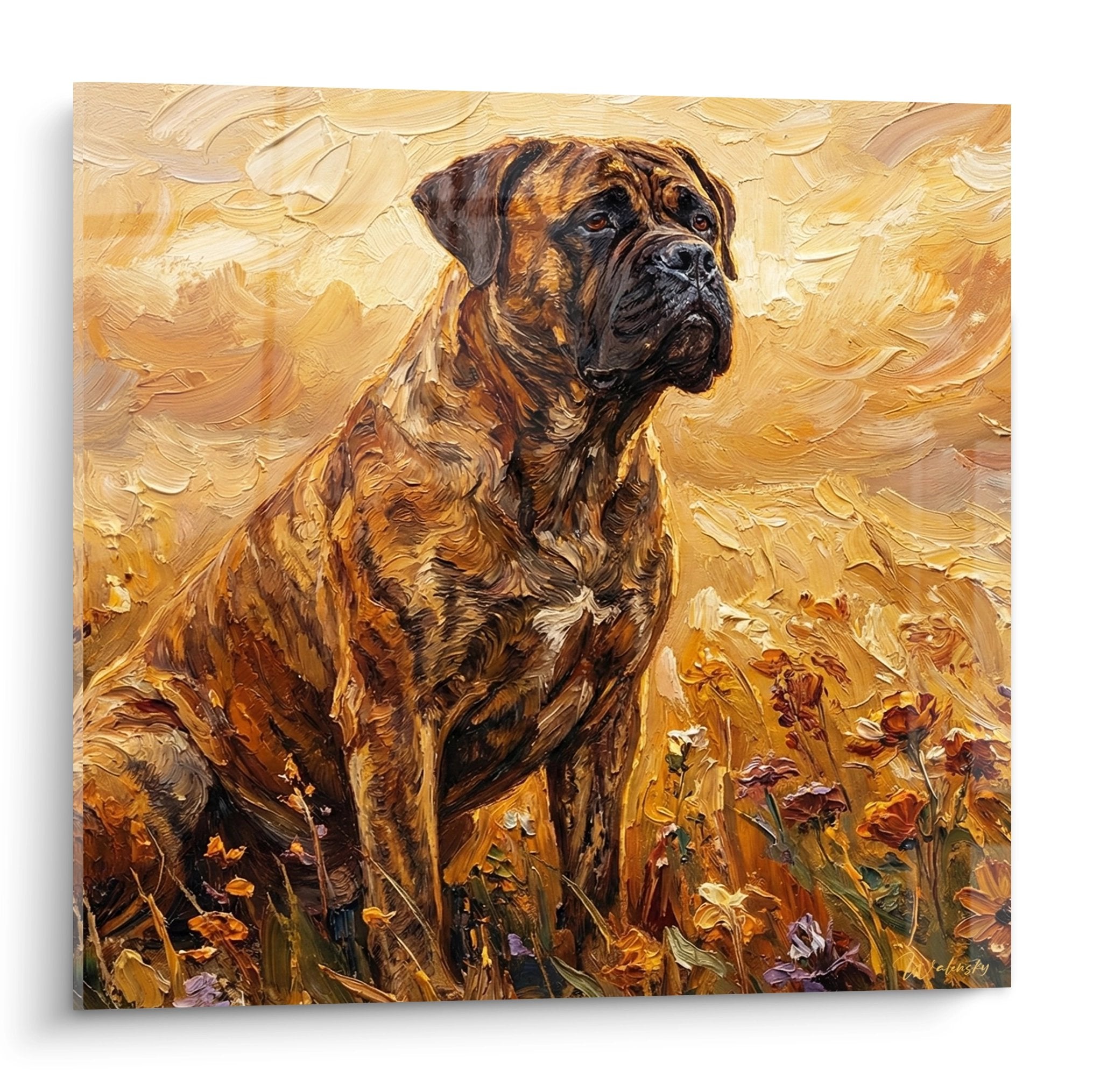 Bullmastiff brindle assis dans prairie doree style impressionniste empâtements tableau art canin