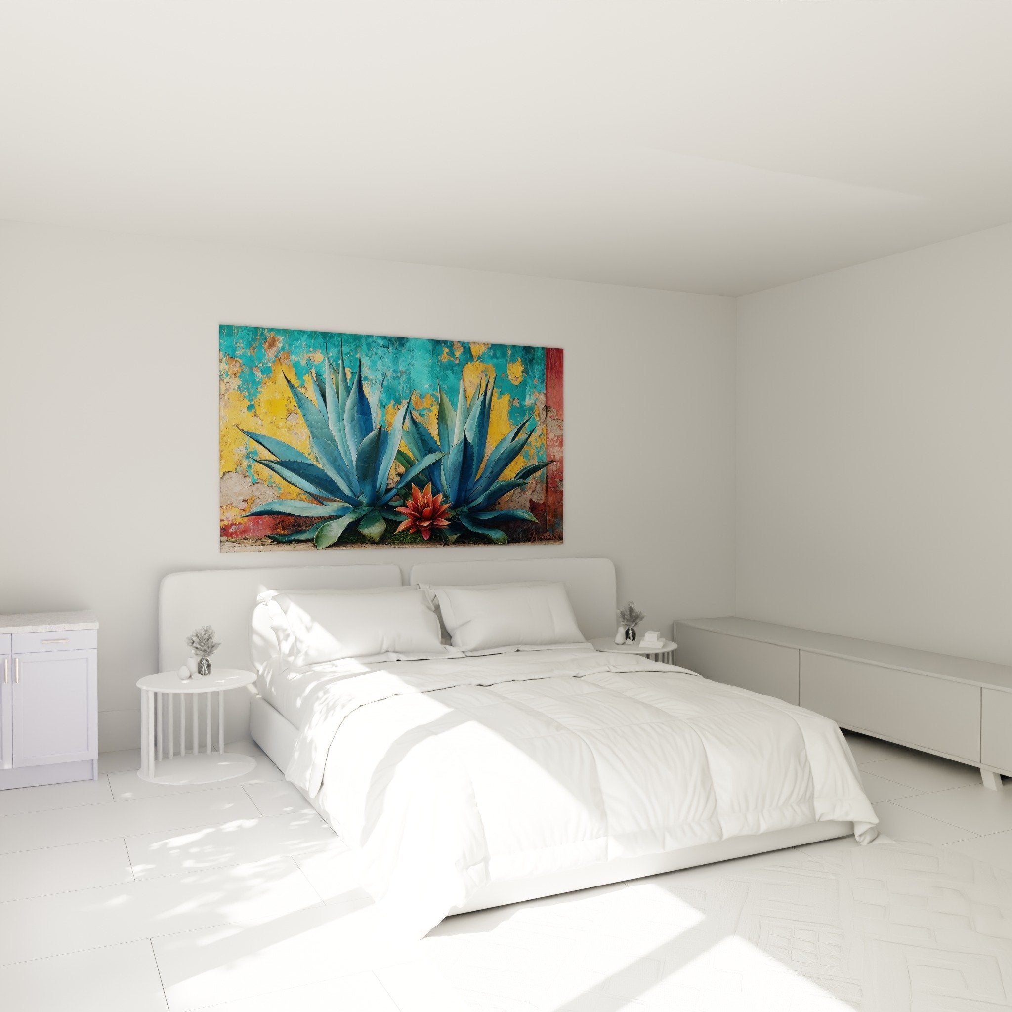 tableau cactus bleu rouge dans chambre decoration murale southwestern ethnique