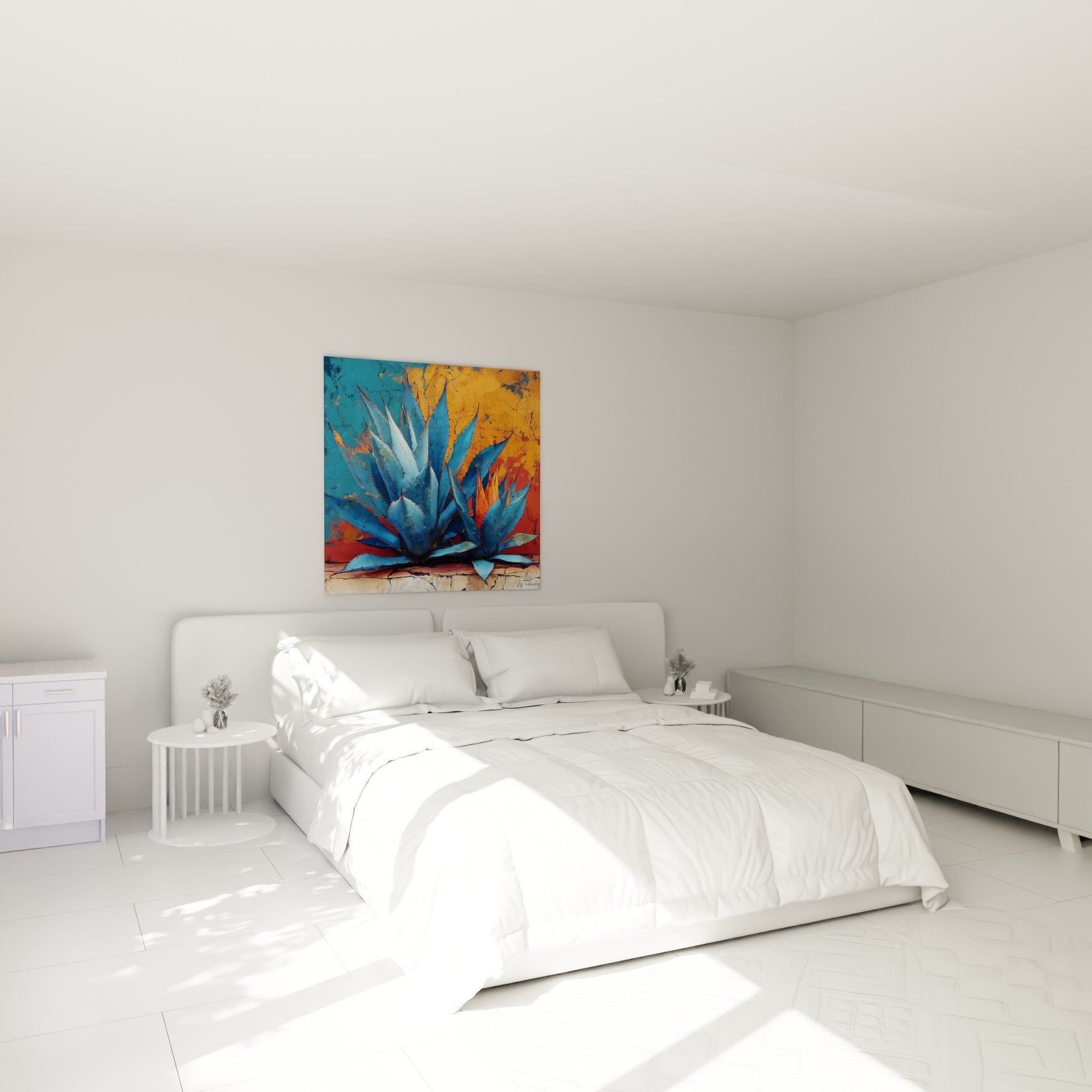 Tableau cactus bleu turquoise dans chambre moderne - décoration murale nature apaisante