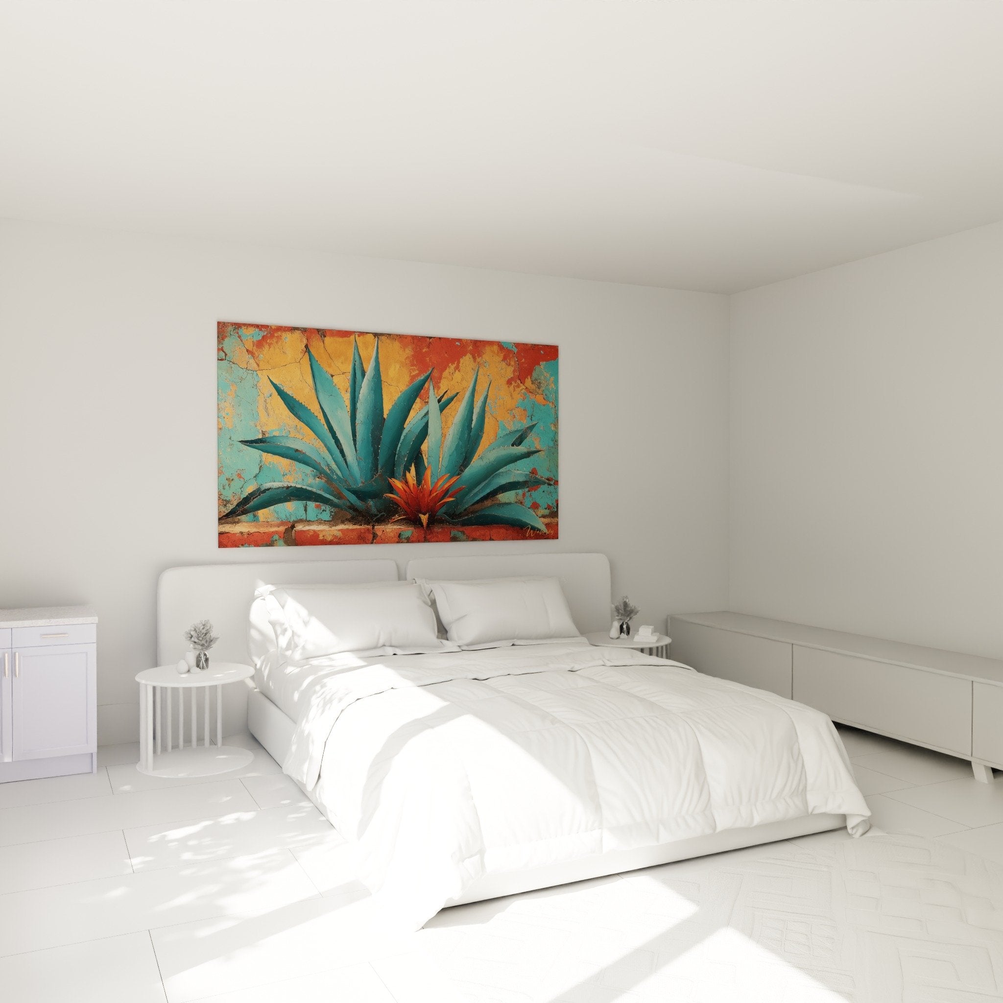 Cactus bleu-vert décoratif dans chambre bohème, mur patiné rouille turquoise, ambiance méditerranéenne