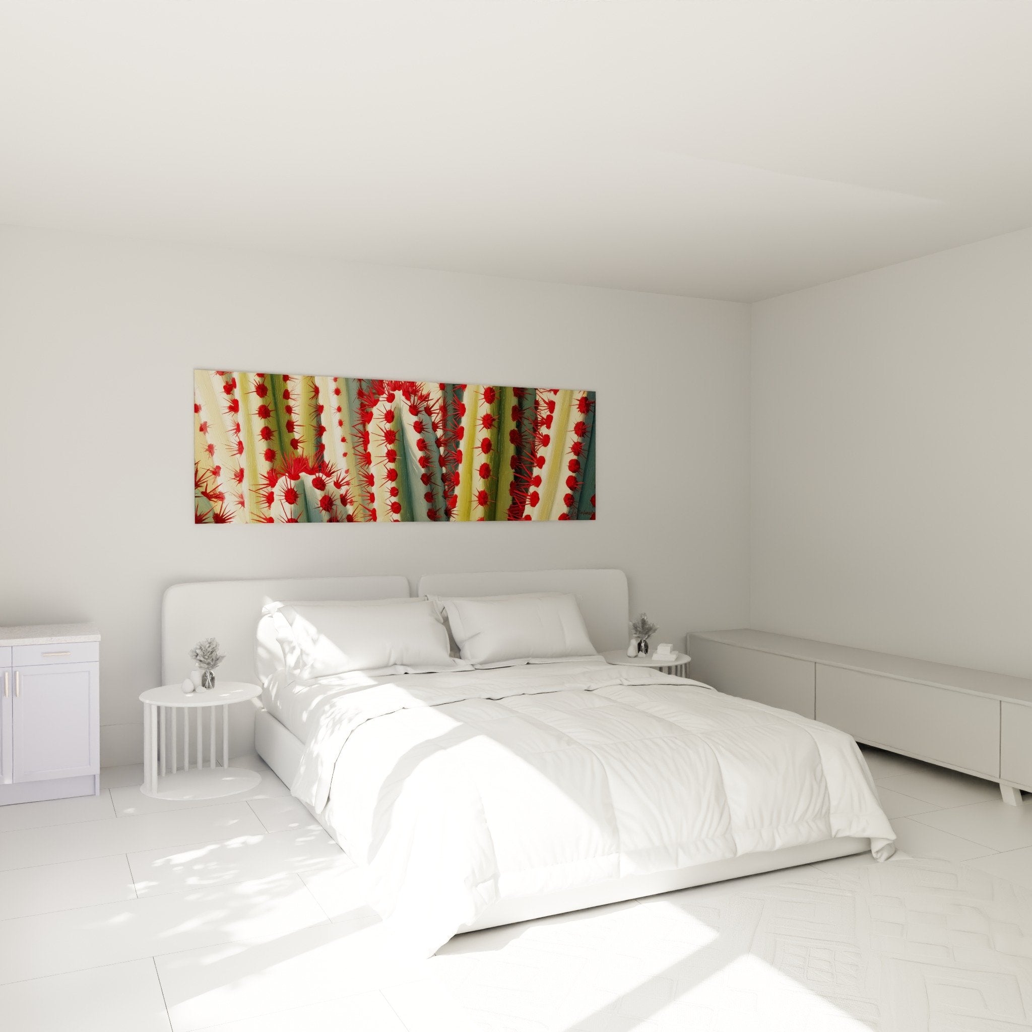 Tableau cactus epines rouges dans chambre moderne mur blanc decoration vegetale contemporaine