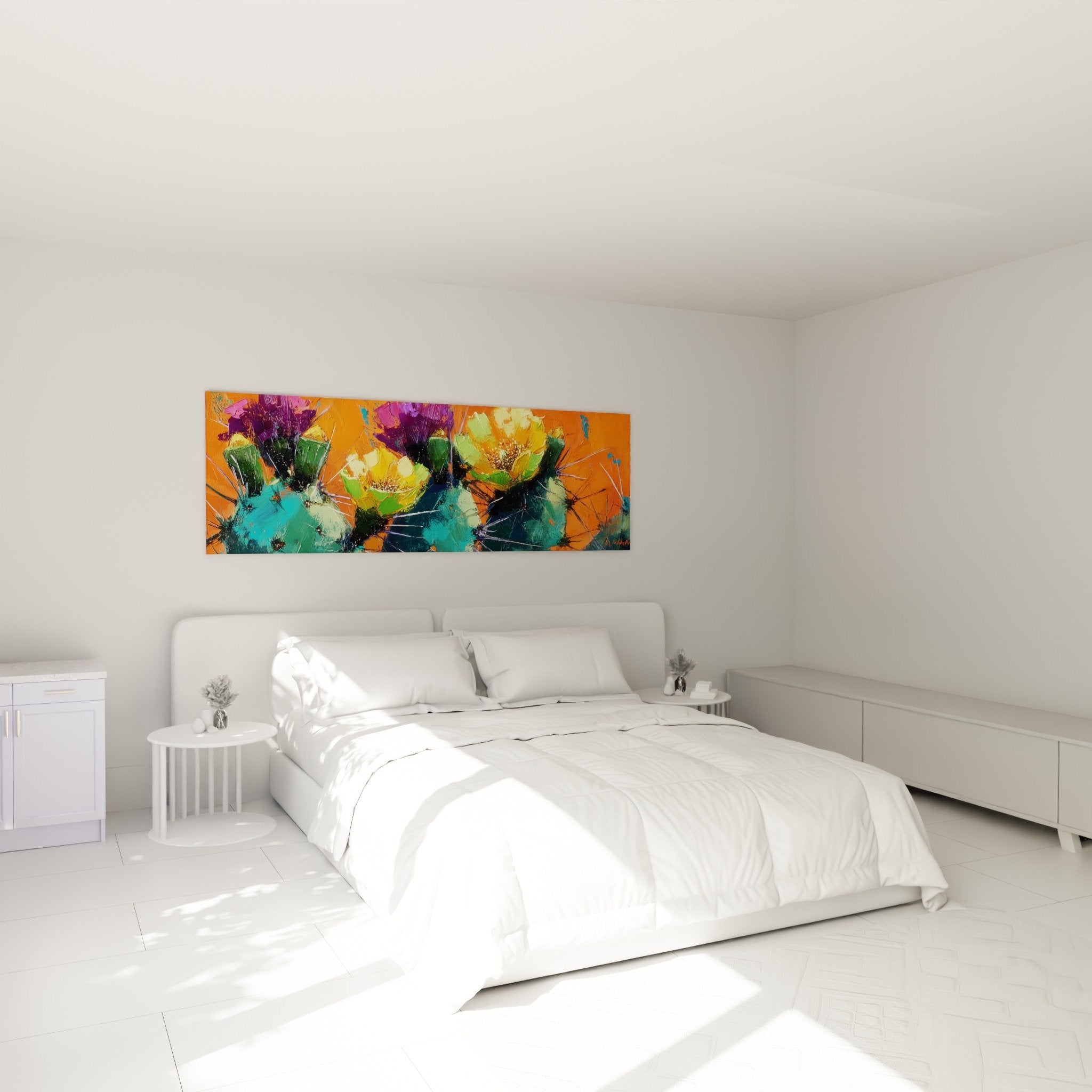 Colorful cactus wall art in modern bedroom white wall contemporary decoration cactus edition