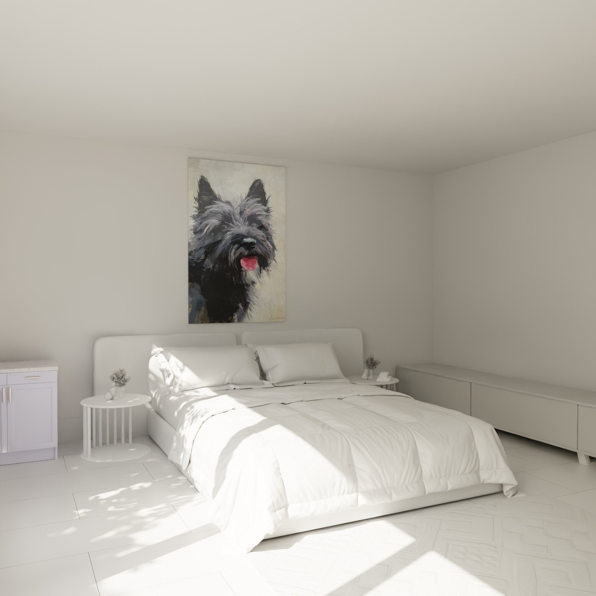 Tableau Cairn Terrier gris dans chambre moderne, décoration murale chien expressif langue rose