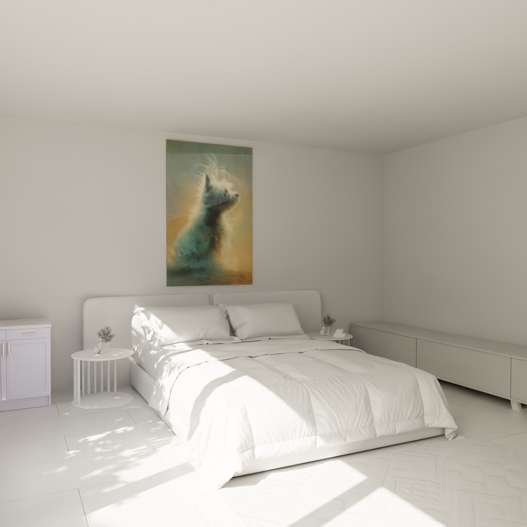 Portrait Cairn Terrier artistique dans chambre moderne aux tons chaleureux et apaisants