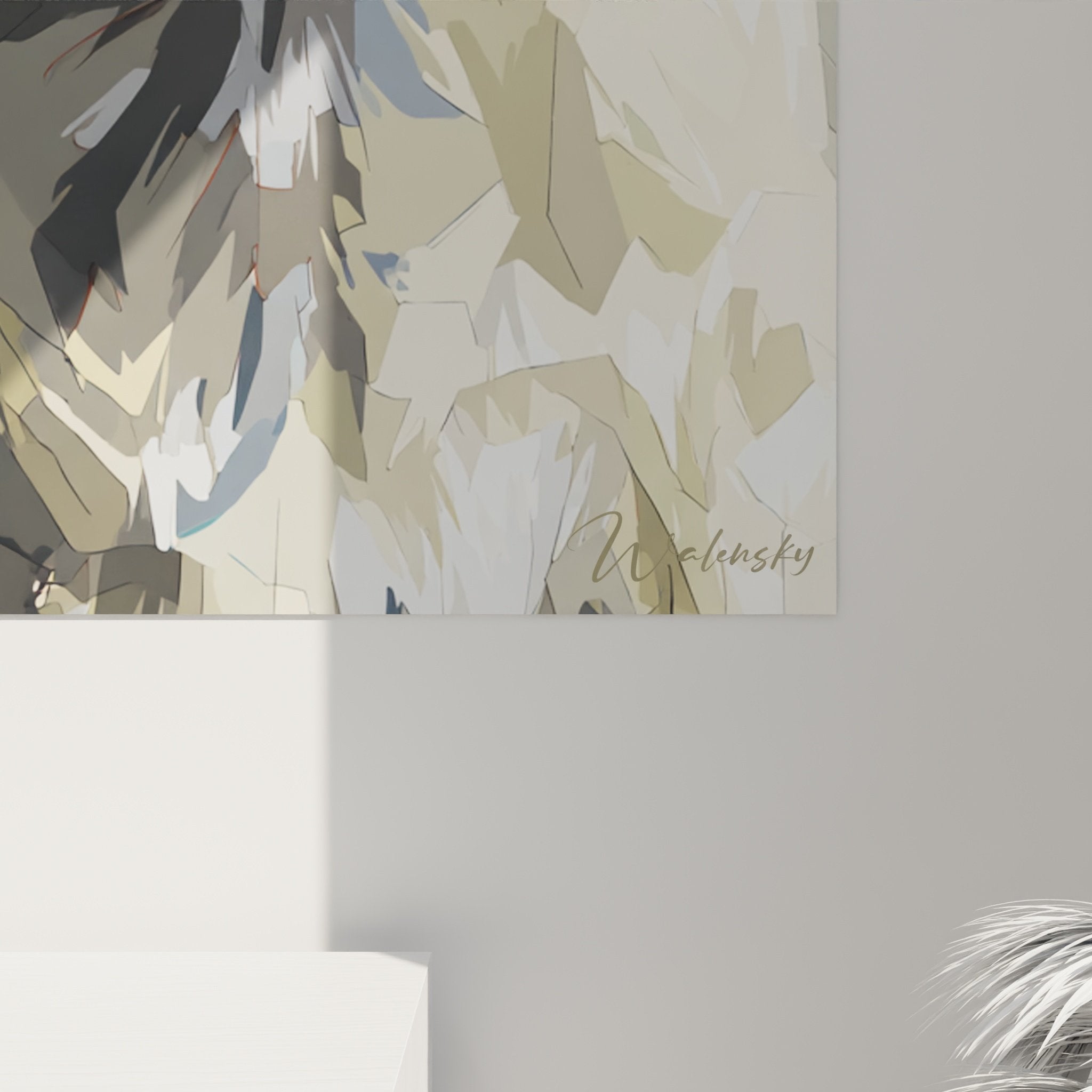 Vue d'ensemble du tableau portrait Cairn Terrier dans salon contemporain, décoration murale élégante