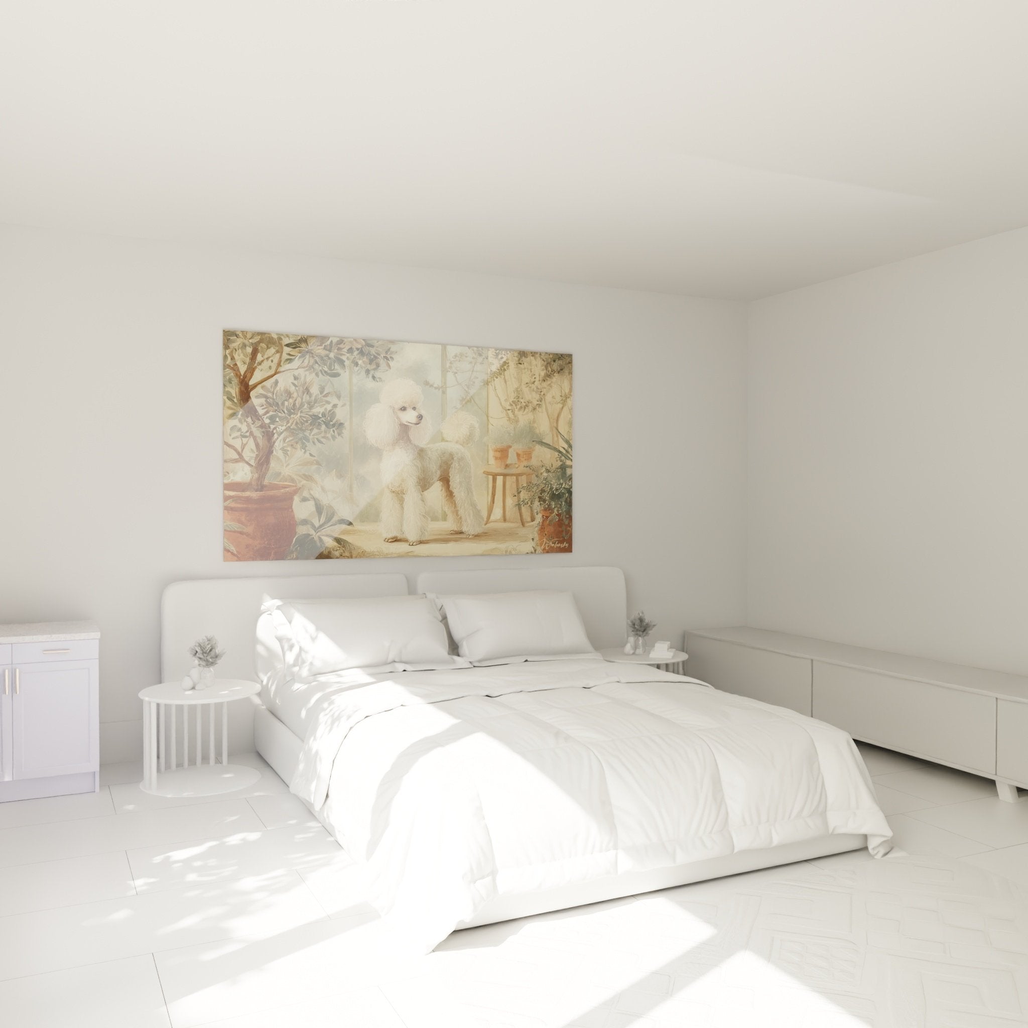 Caniche blanc raffiné jardin d'hiver décorant chambre ambiance douce tons beiges