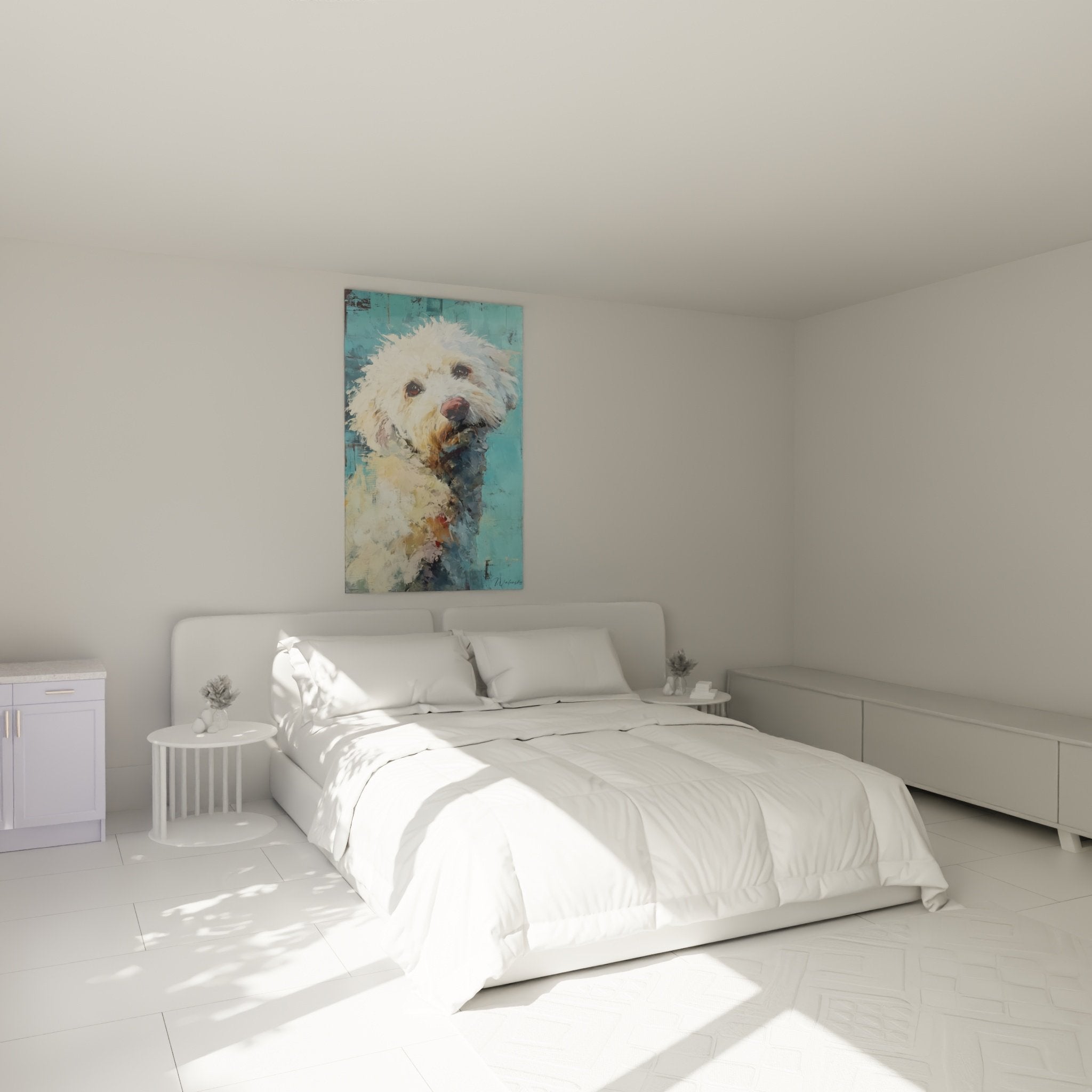 Porträtgemälde weißer Pudel im modernen Elternschlafzimmer, beruhigende Wanddekoration in Blautönen