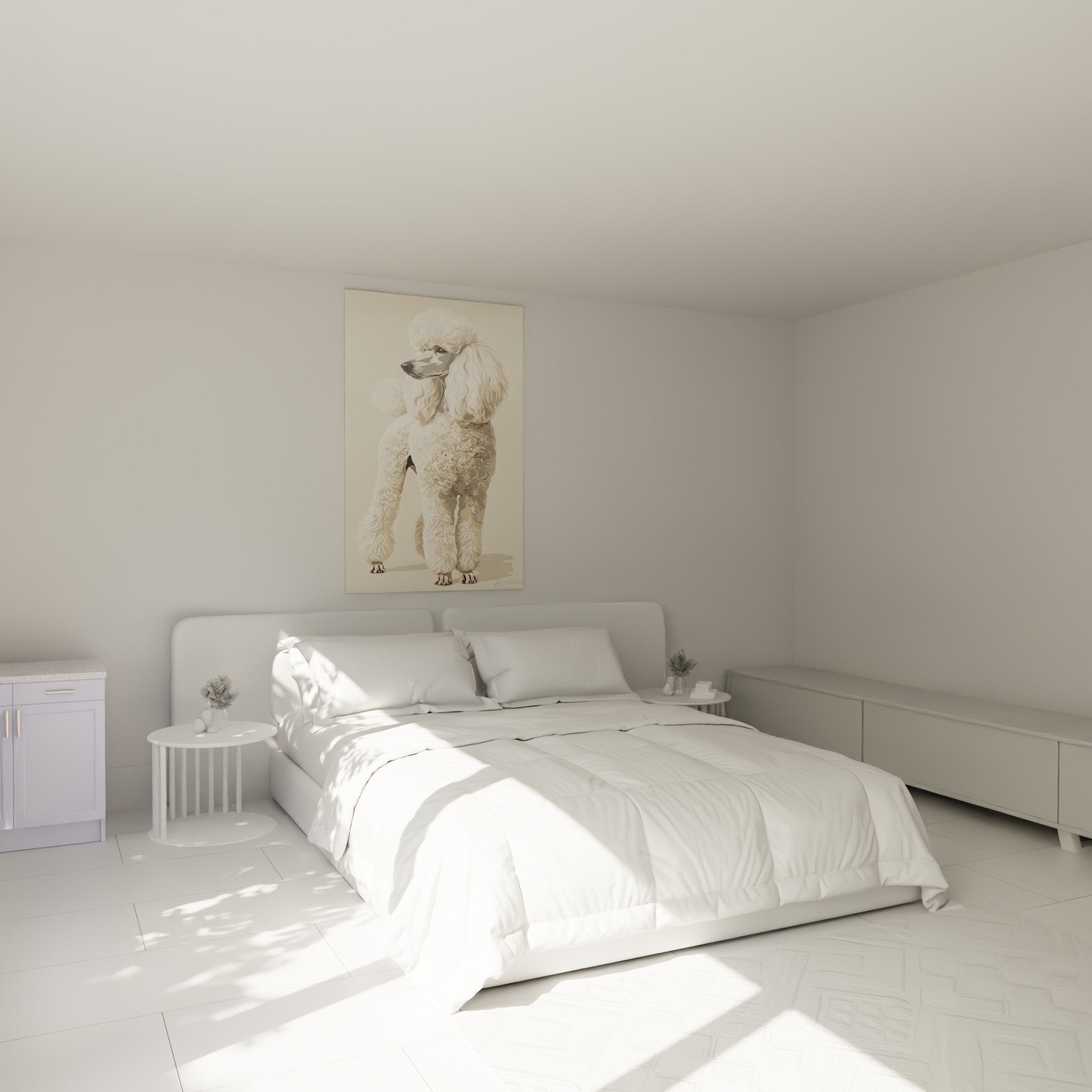 Quadro barboncino bianco crema decora camera da letto principale con atmosfera morbida e rilassante
