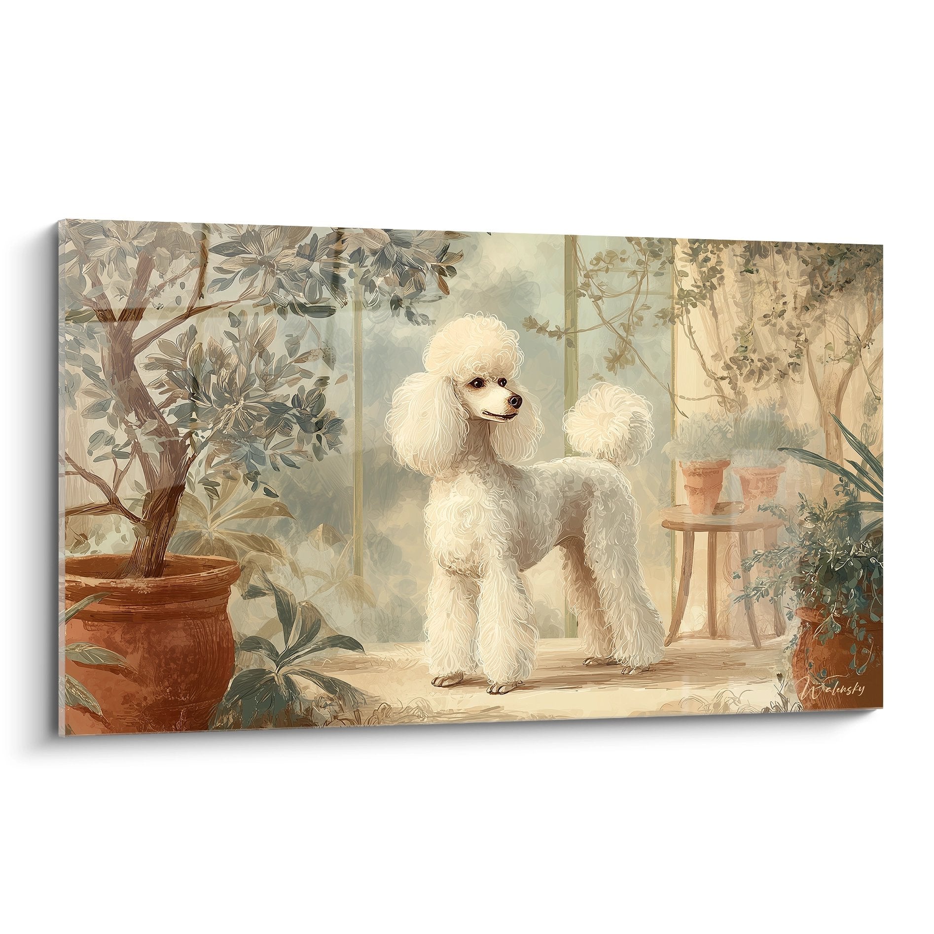 Tableau caniche blanc élégant dans jardin d'hiver aux tons sépia avec plantes et pots terre cuite