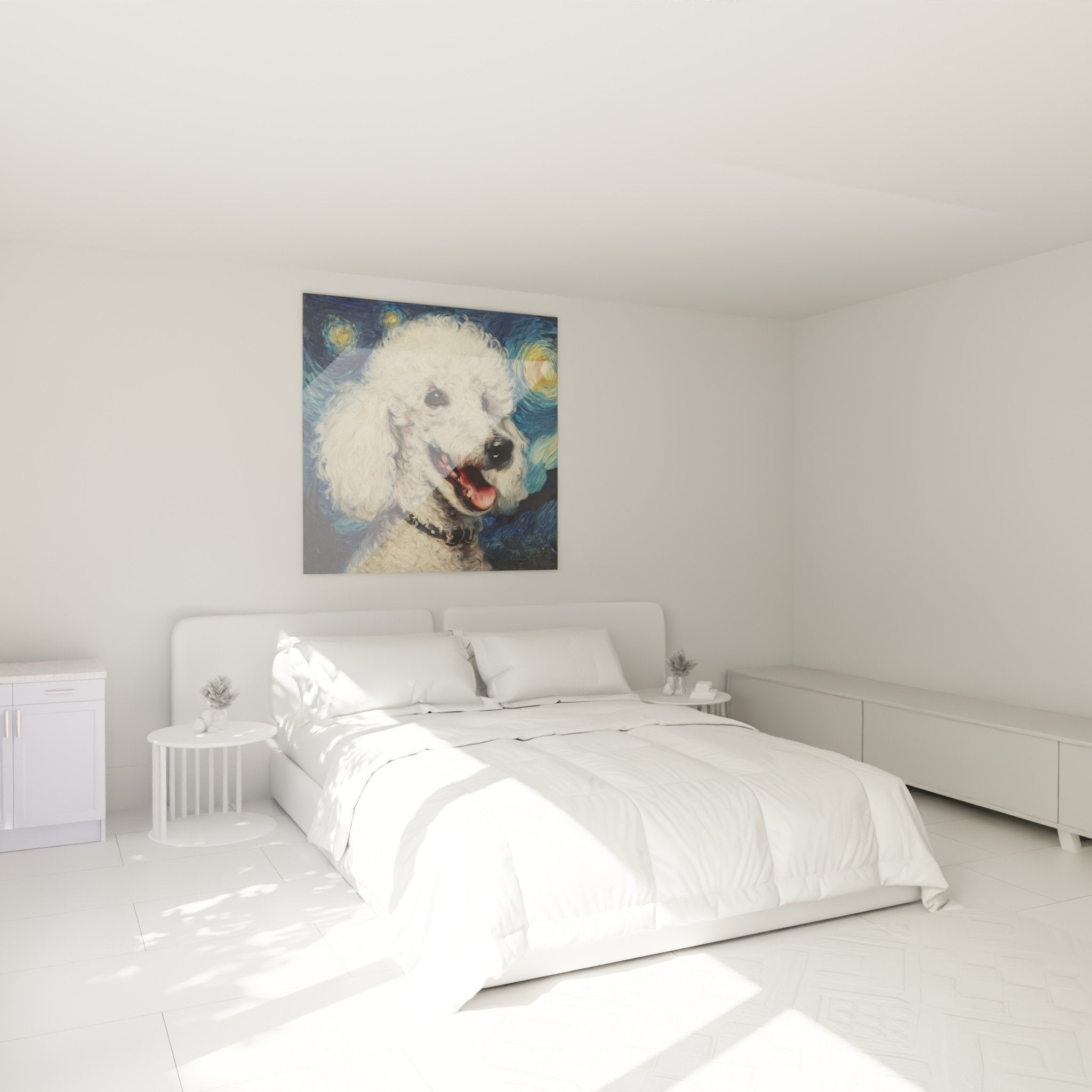 Tableau caniche blanc yeux tendres accroche au mur d'une chambre moderne avec decoration cosy