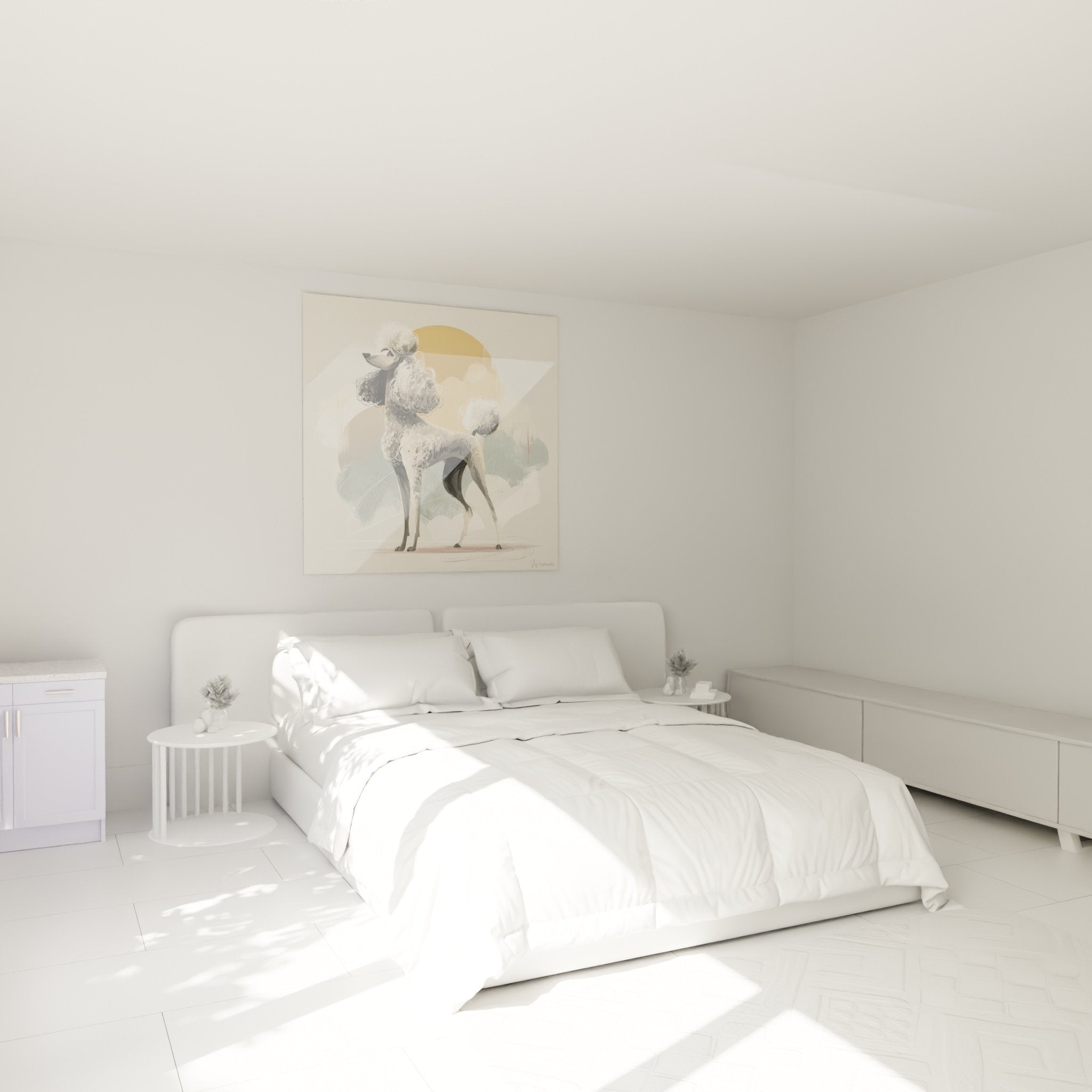 Elegantes Pudel-Gemälde in modernem Schlafzimmer mit skandinavischen Möbeln und minimalistischer Einrichtung