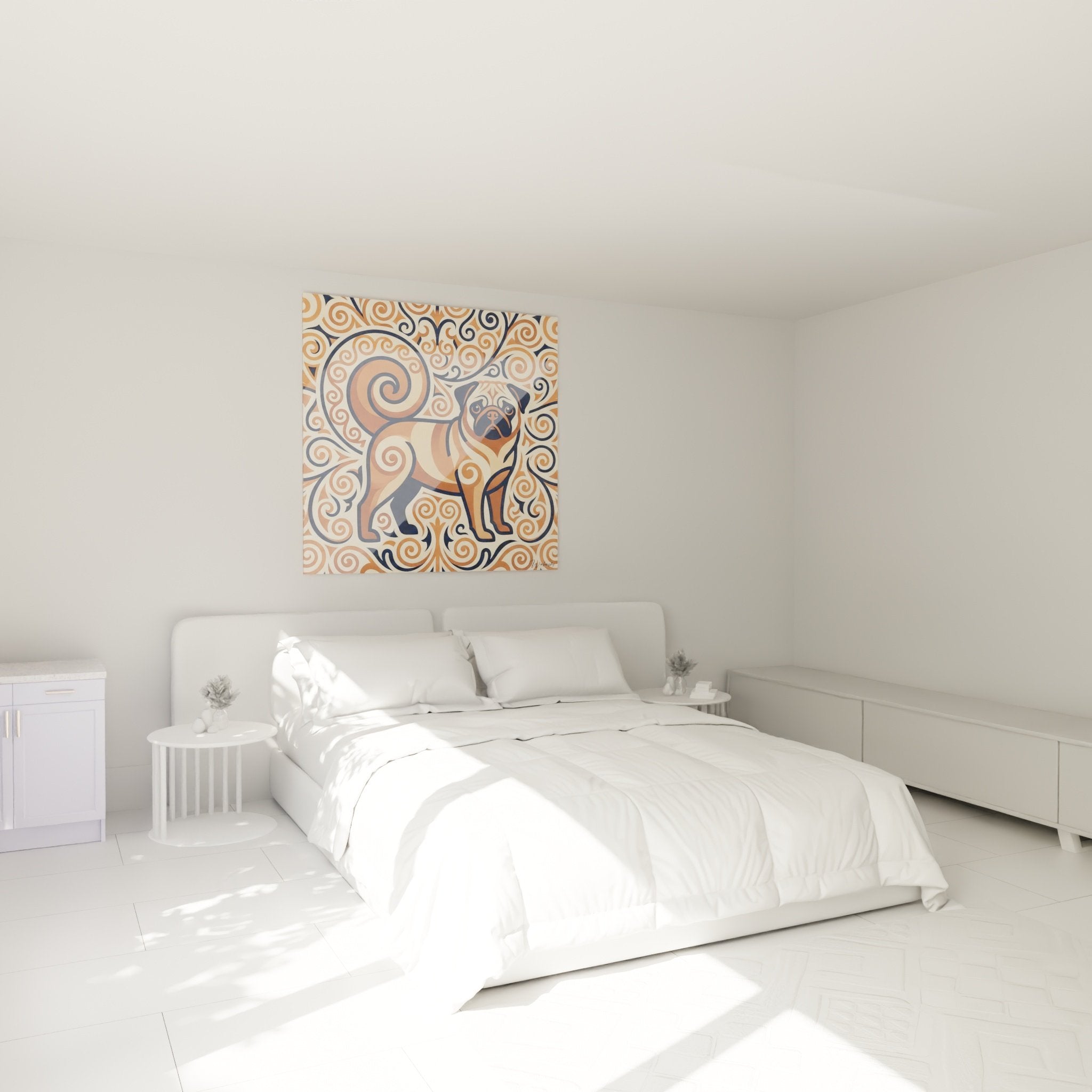 Pug painting spiral ornaments decorating bedroom cozy atmosphere beige ochre tones