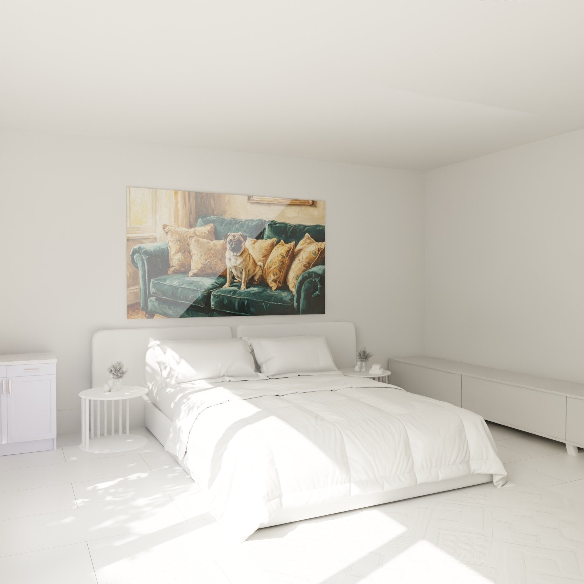 Carlin sur sofa bleu canard tableau mural chambre decoration interieure chic