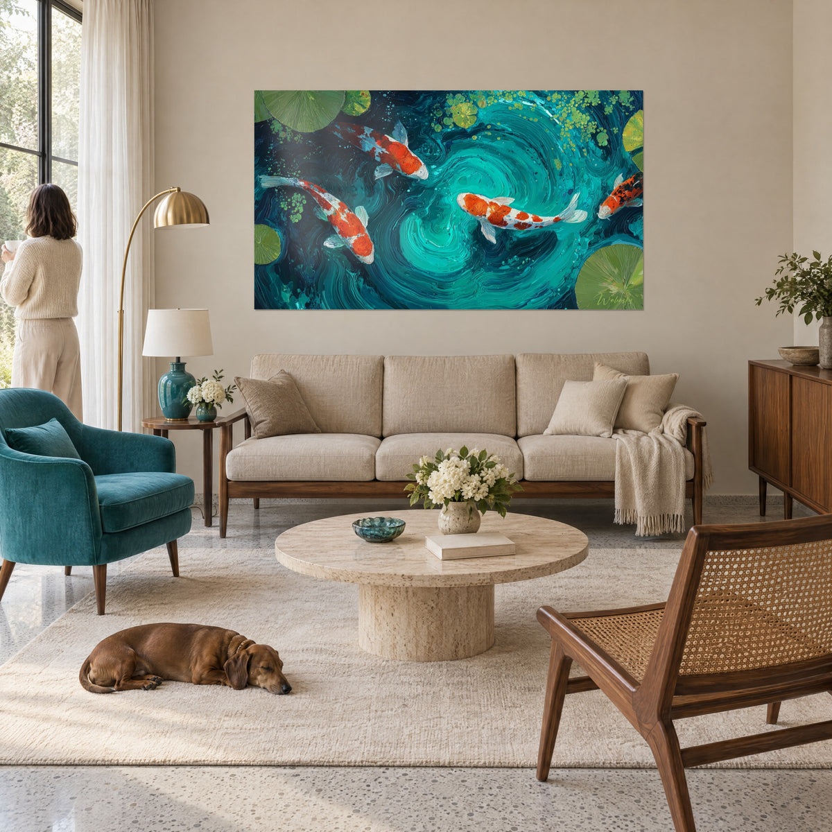 Gemälde Koi-Karpfen in Orange und Weiß schwimmen in einem türkisfarbenen Strudel, grüne Seerosen, über einem Sofa in einem hellen Wohnzimmer
