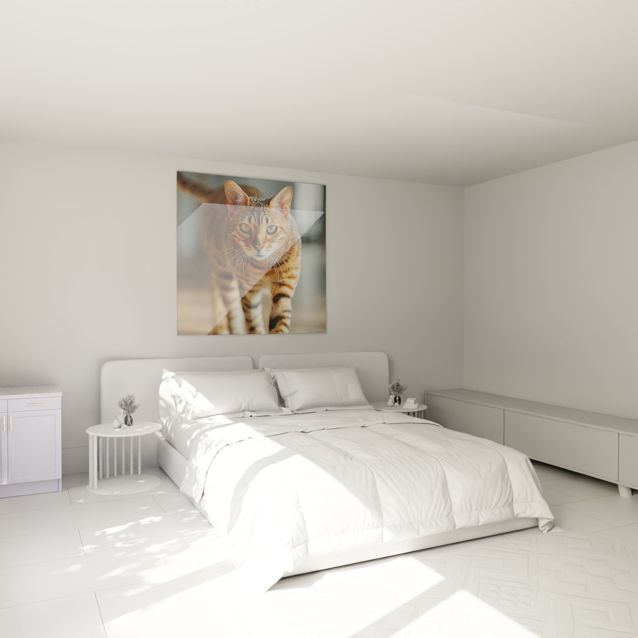 Sokoke cat portrait painting in modern bedroom, elegant wall decoration with feline golden eyes