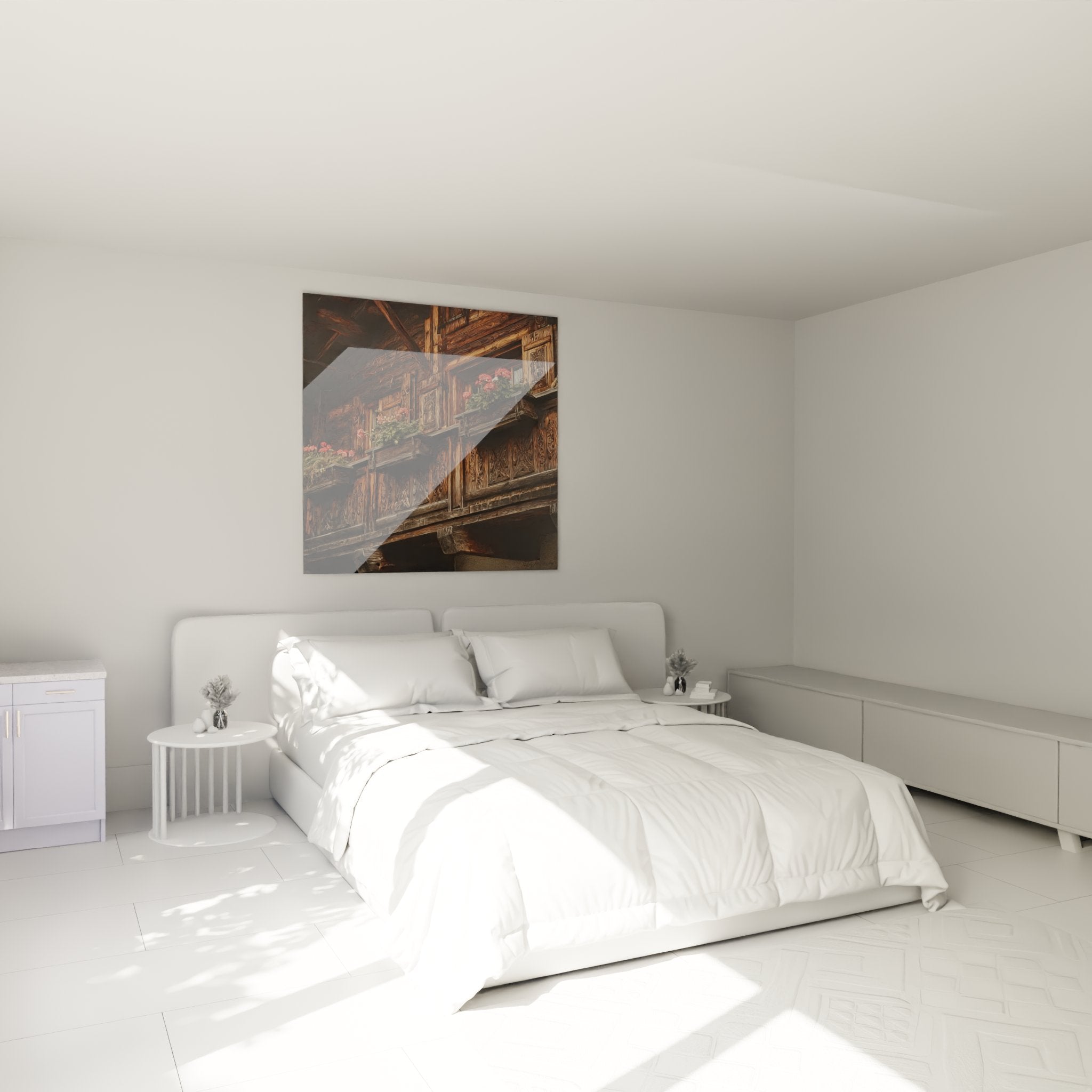 Mountain cabin wall art for bedroom with flowered balconies, authentic alpine atmosphere