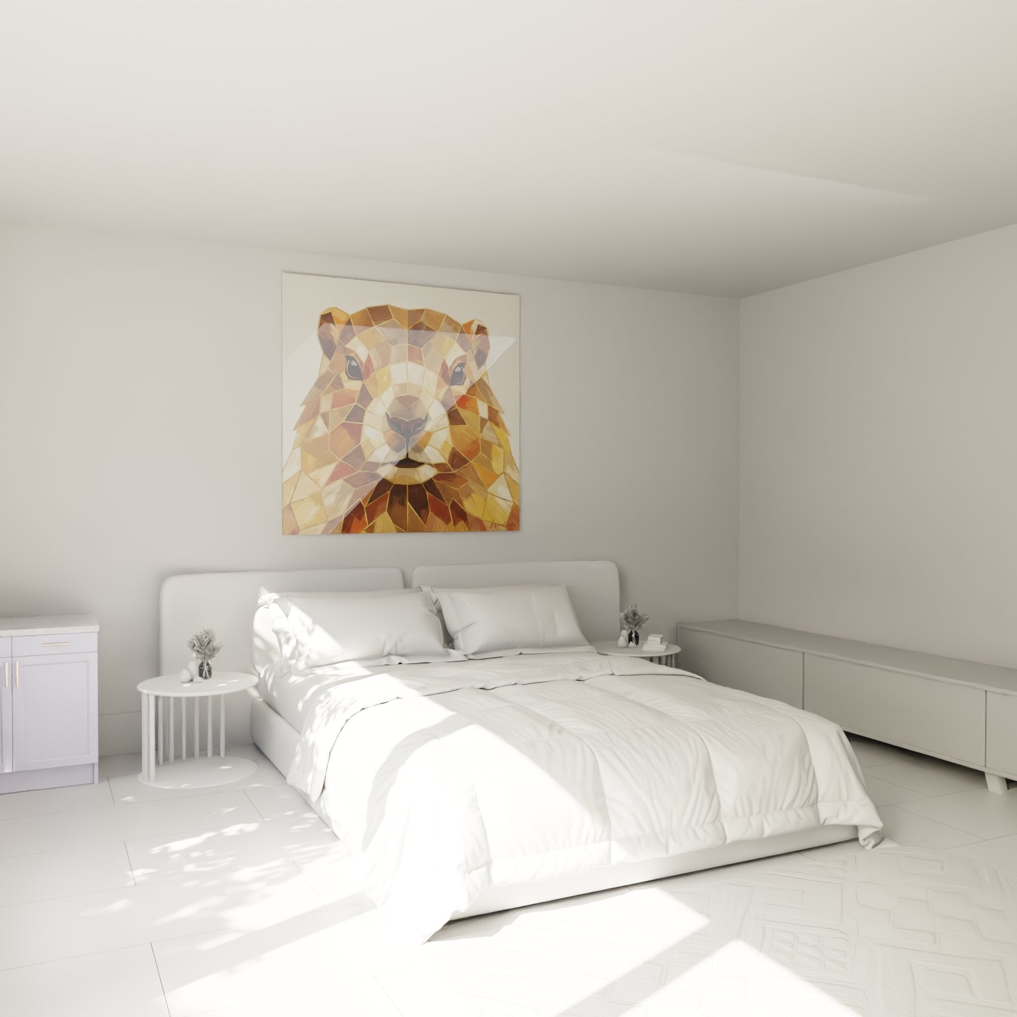 Decorazione murale camera da letto con quadro marmotta geometrico dorato che crea un'atmosfera calda di montagna