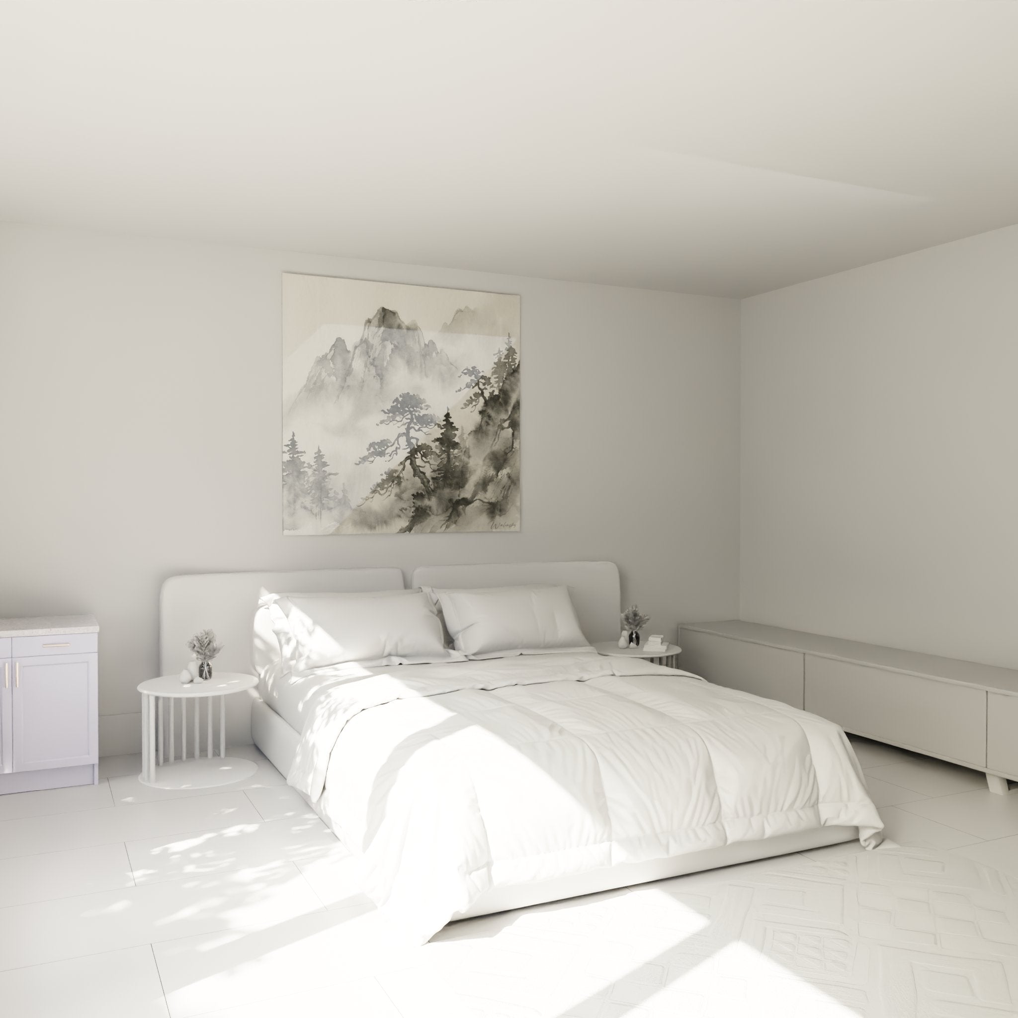 Quadro montagna nebbia in camera moderna, decorazione murale zen paesaggio alpino bianco e nero