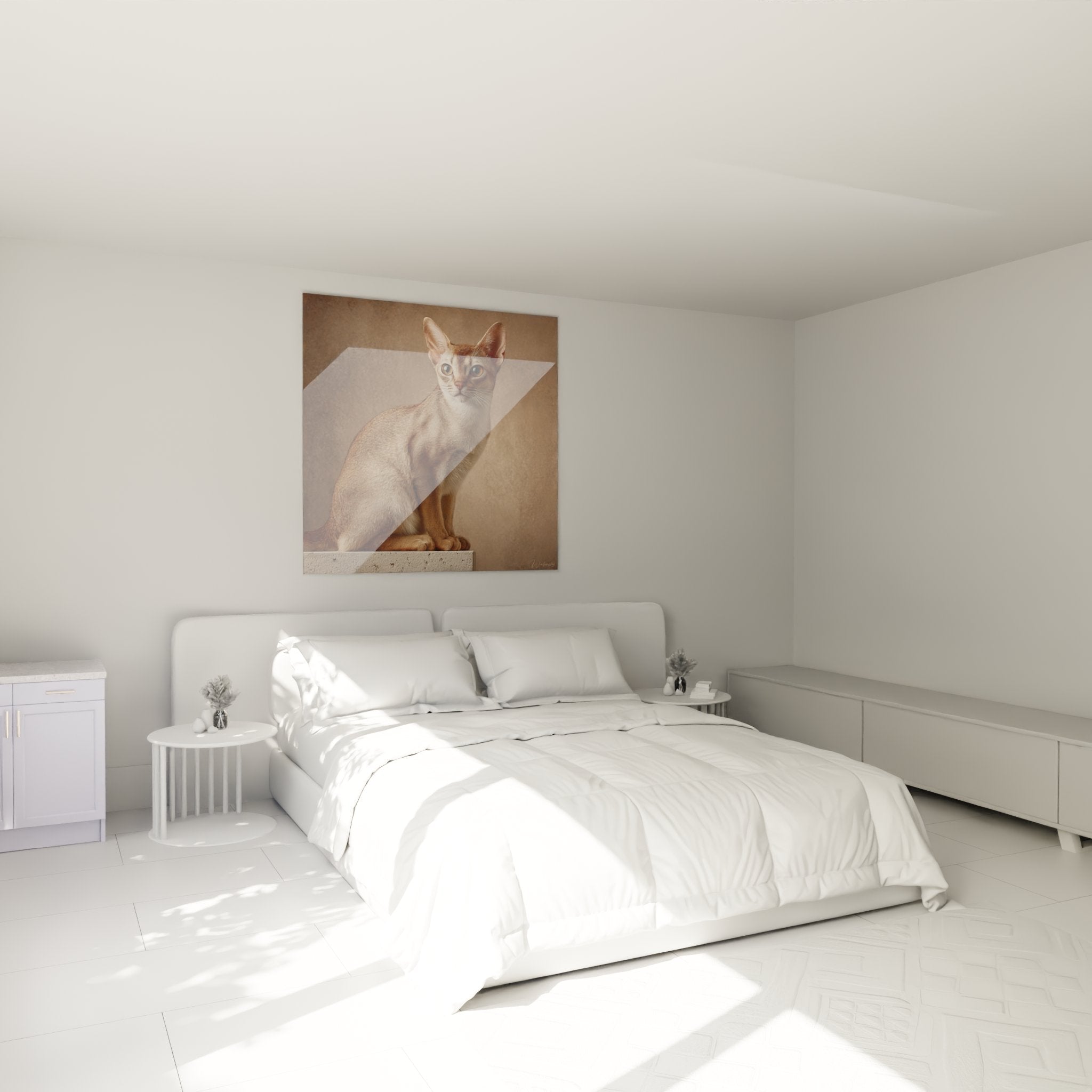 Bedroom decor with elegant Singapura cat artwork featuring golden eyes in modern interior