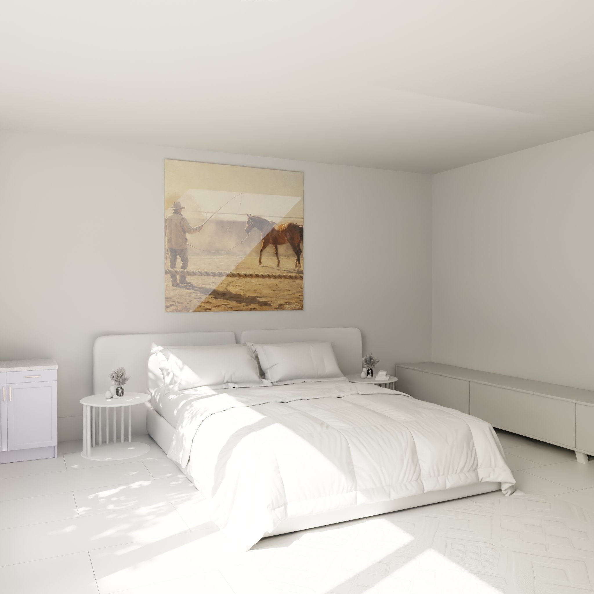 Decorazione murale equestre in camera con quadro cowboy e cavallo western autentico