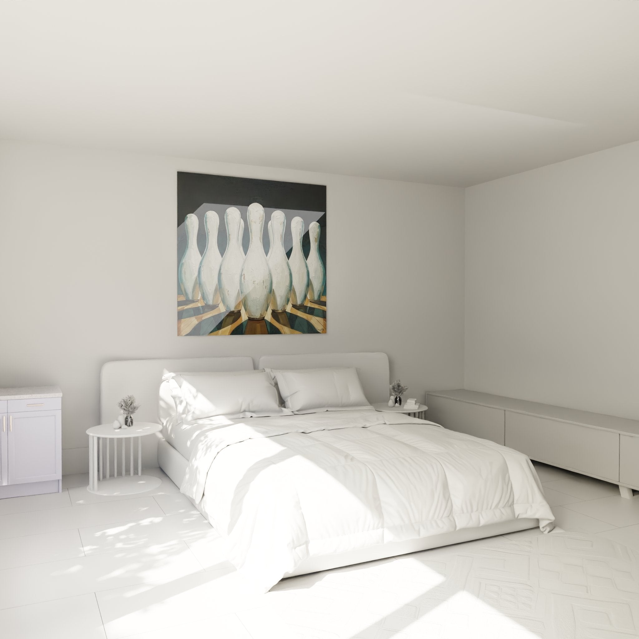 Modern bowling pins wall art hanging in a contemporary bedroom wall decoration