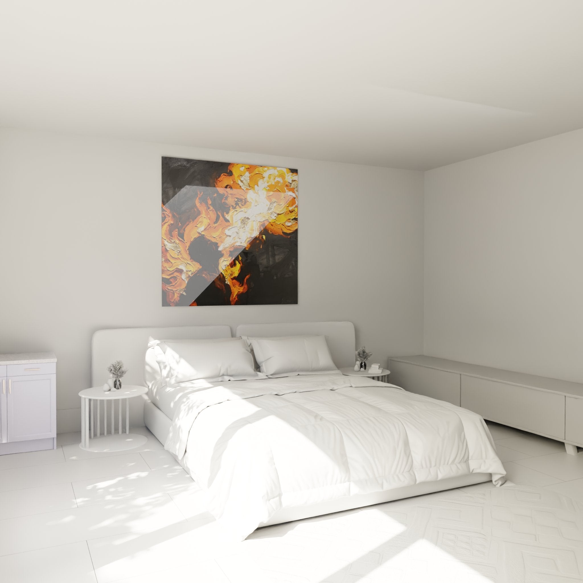 Decorazione camera da letto con quadro artistico di fiamme, atmosfera calda e moderna