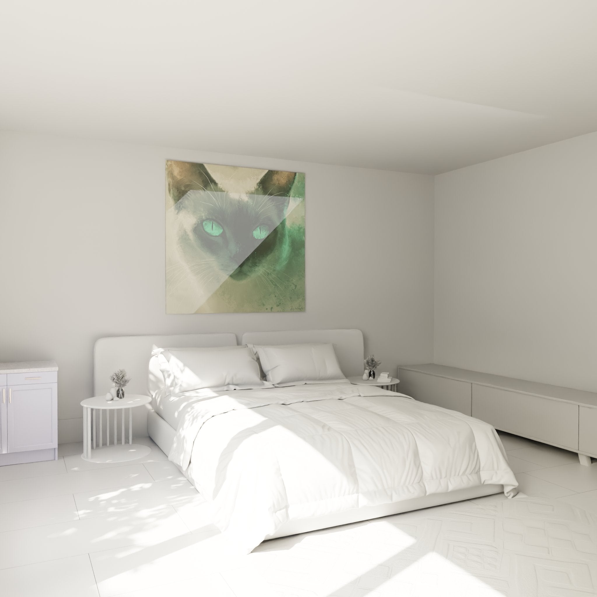 Décoration chambre avec tableau de chat aux yeux verts, ambiance cosy et apaisante pour intérieur moderne