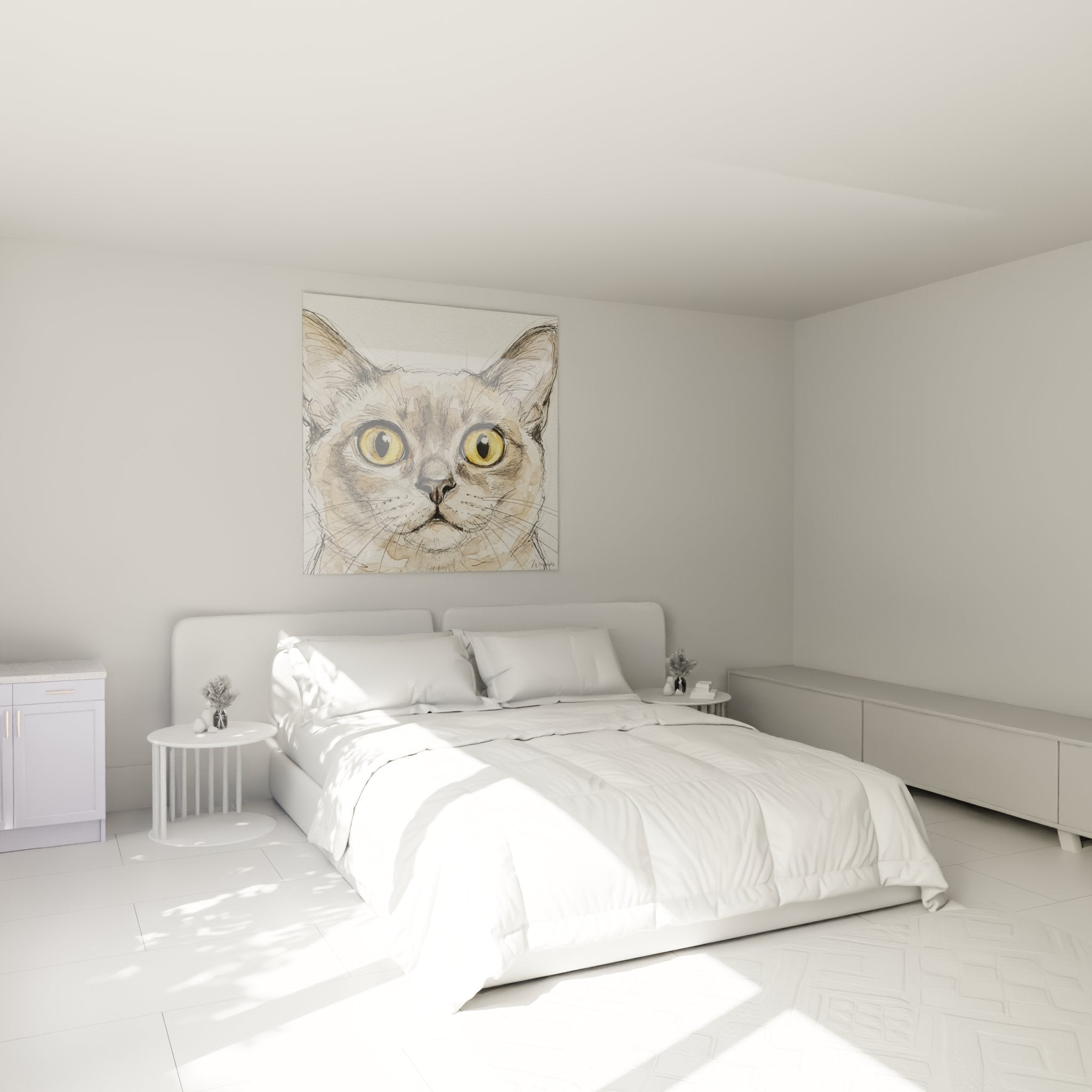 Tableau chat Burmese aquarelle dans chambre moderne, décoration murale élégante aux tons beiges