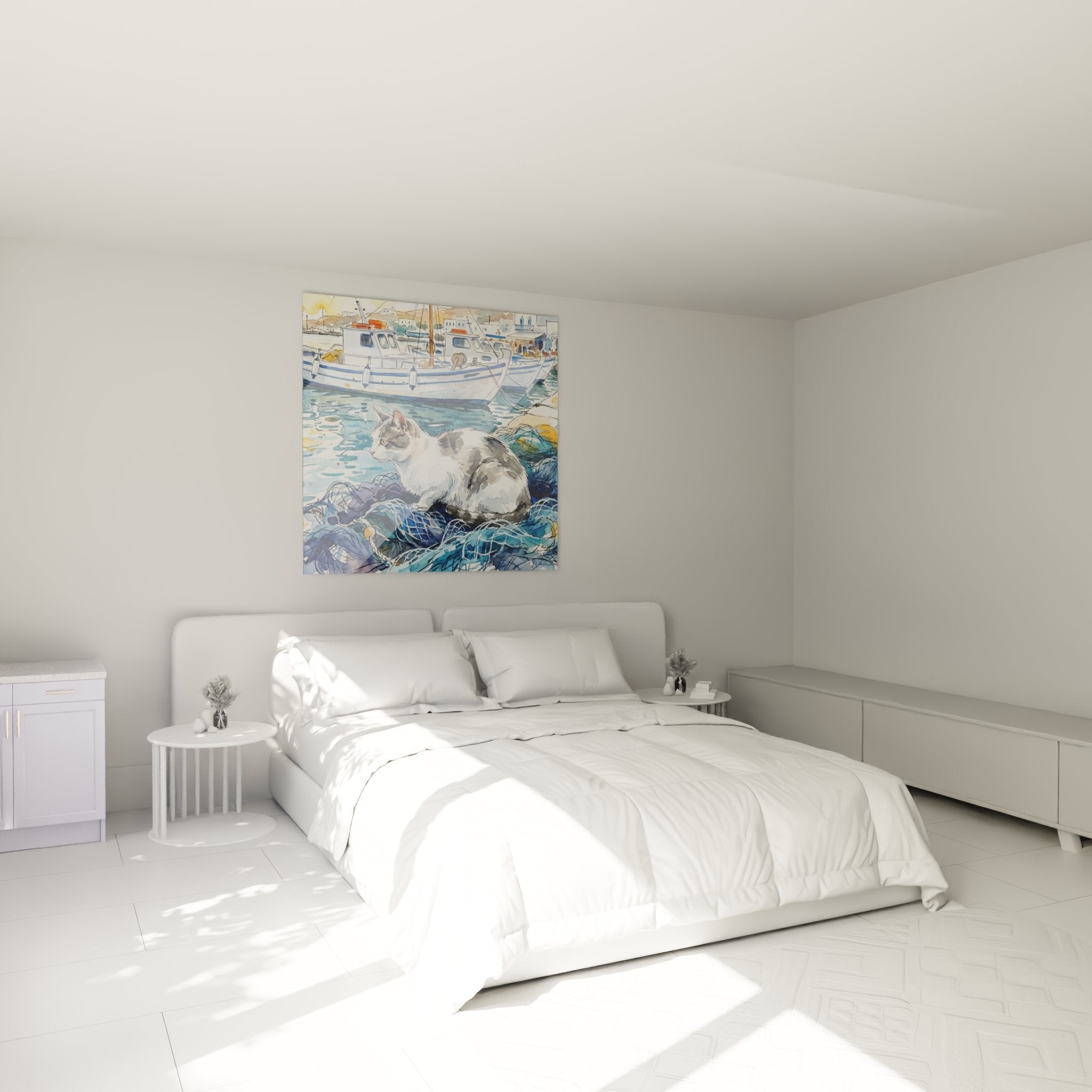 Quadro acquerello gatto del porto appeso in una camera moderna con decorazione marittima