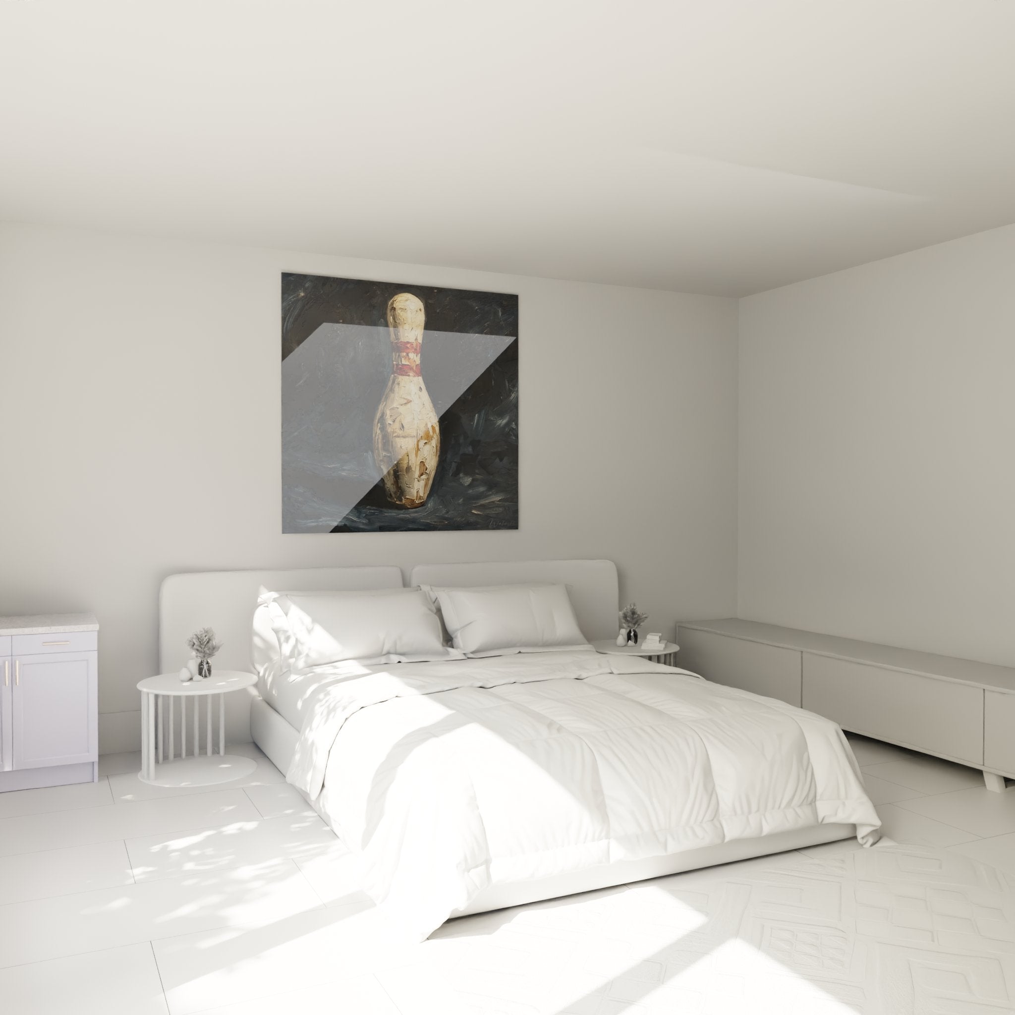 Bedroom decor with artistic bowling pin wall art in blue and white tones