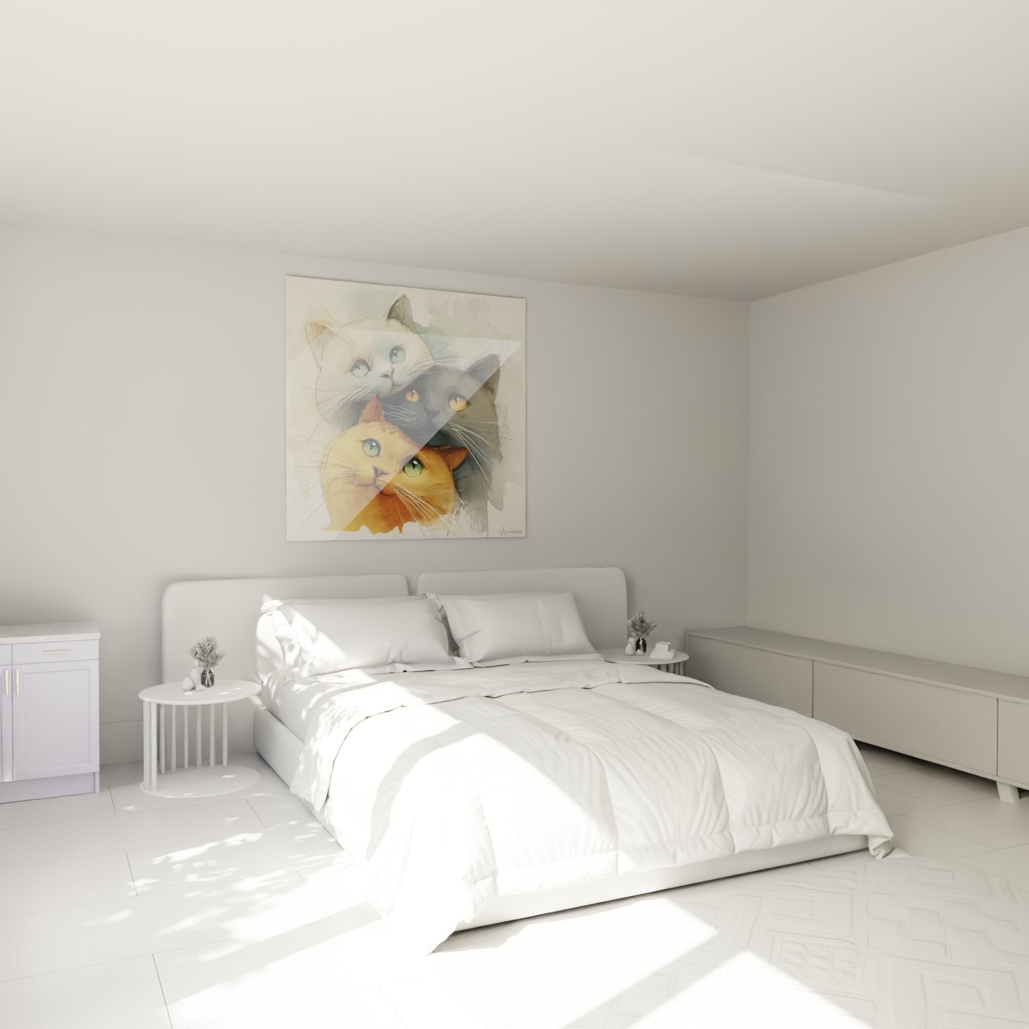 Wanddekoration Schlafzimmer mit Gemälde drei Katzen Aquarell in gemütlicher und warmer Atmosphäre