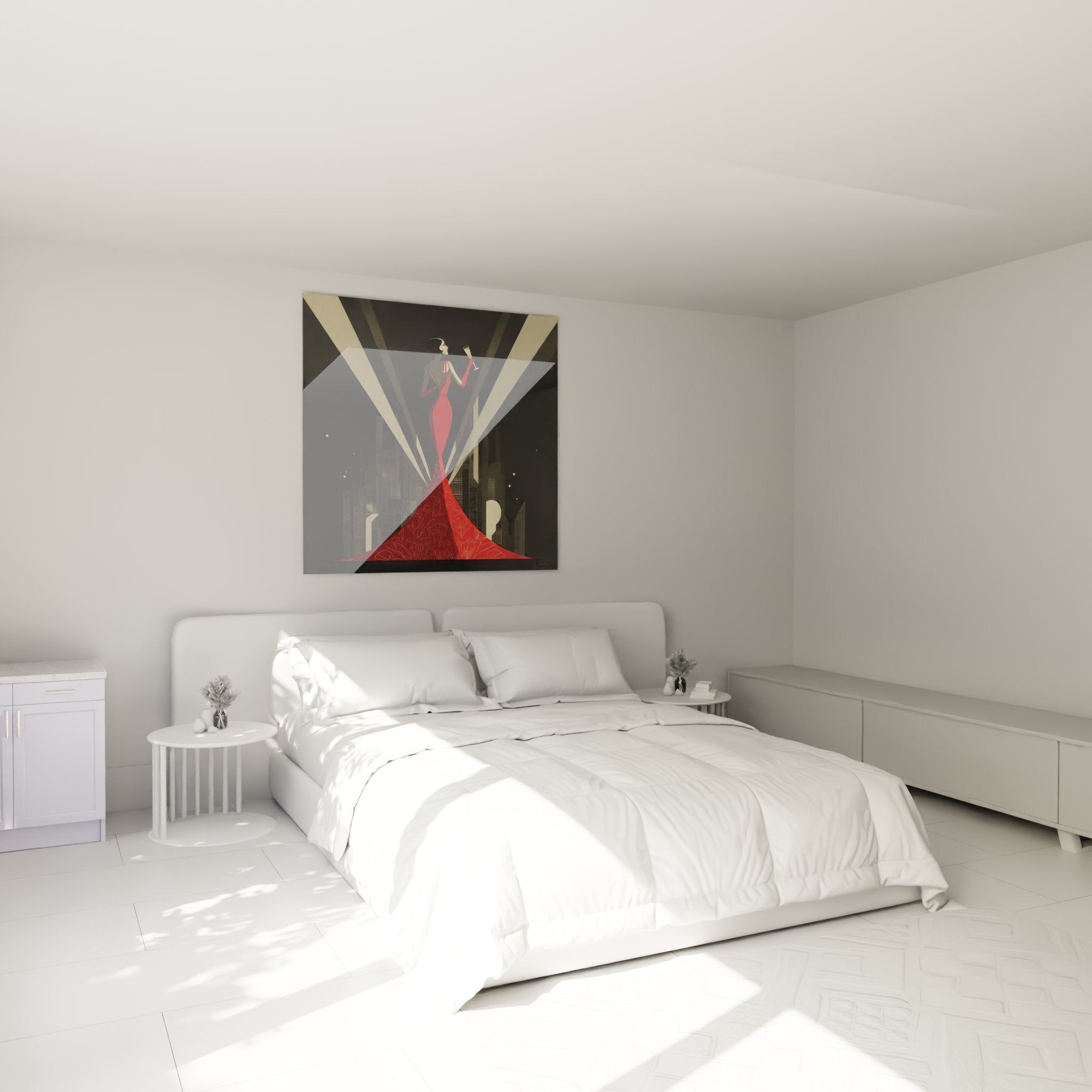 Decorazione murale art deco camera da letto con quadro donna abito rosso stile vintage glamour atmosfera sofisticata
