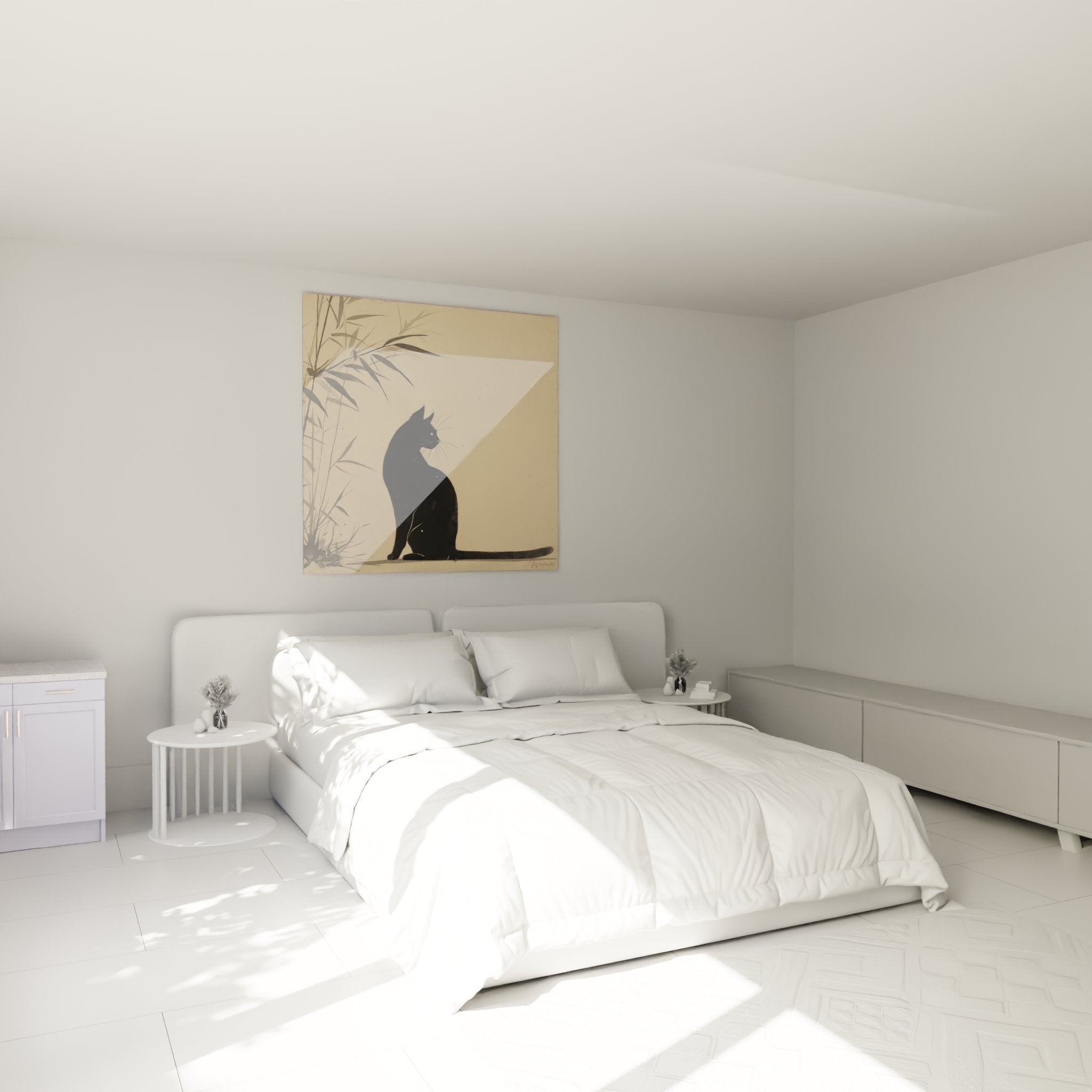 Decoration murale chambre avec tableau chat noir bambou ambiance zen sur mur beige