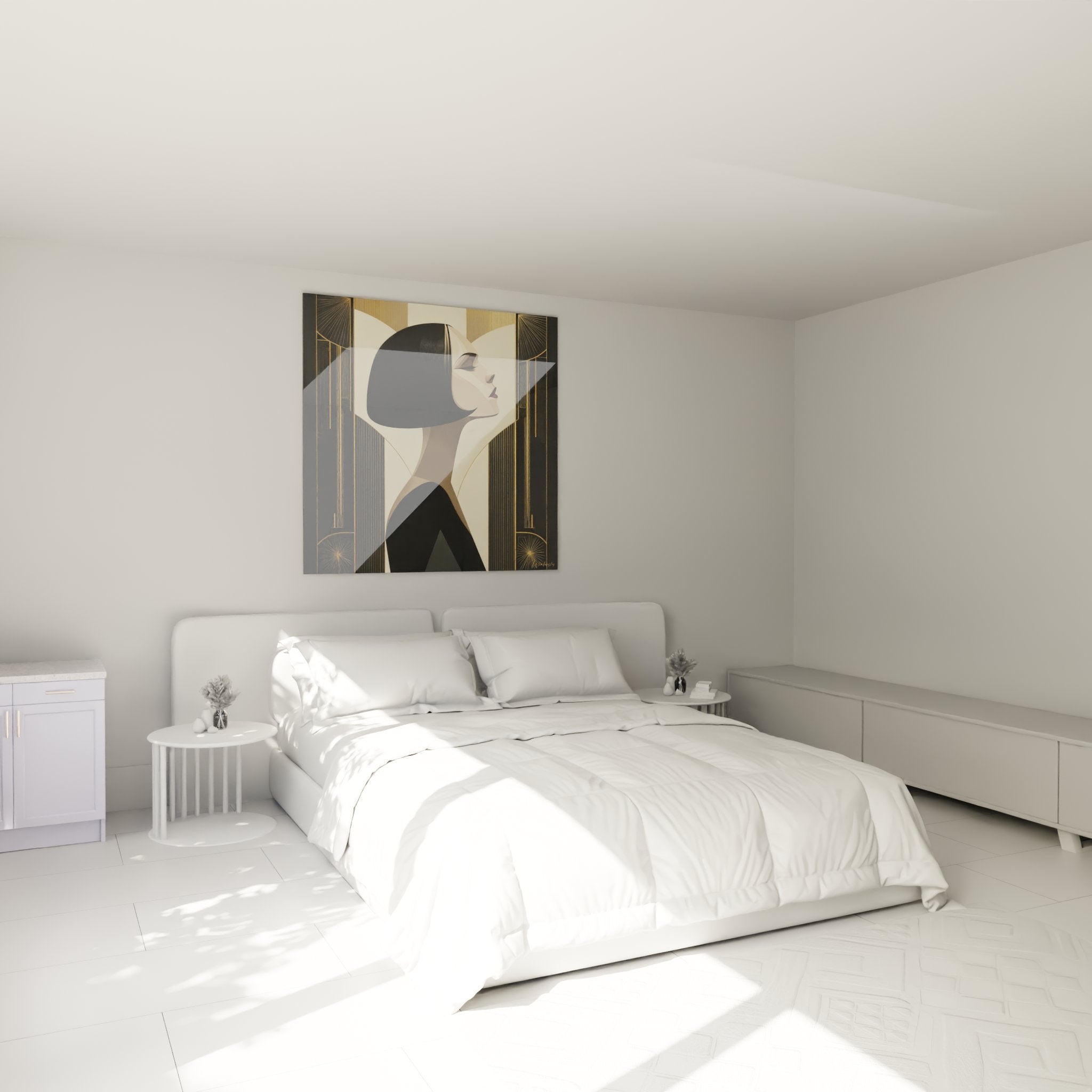 Art deco geometric portrait painting hung in modern bedroom with elegant gold decoration
