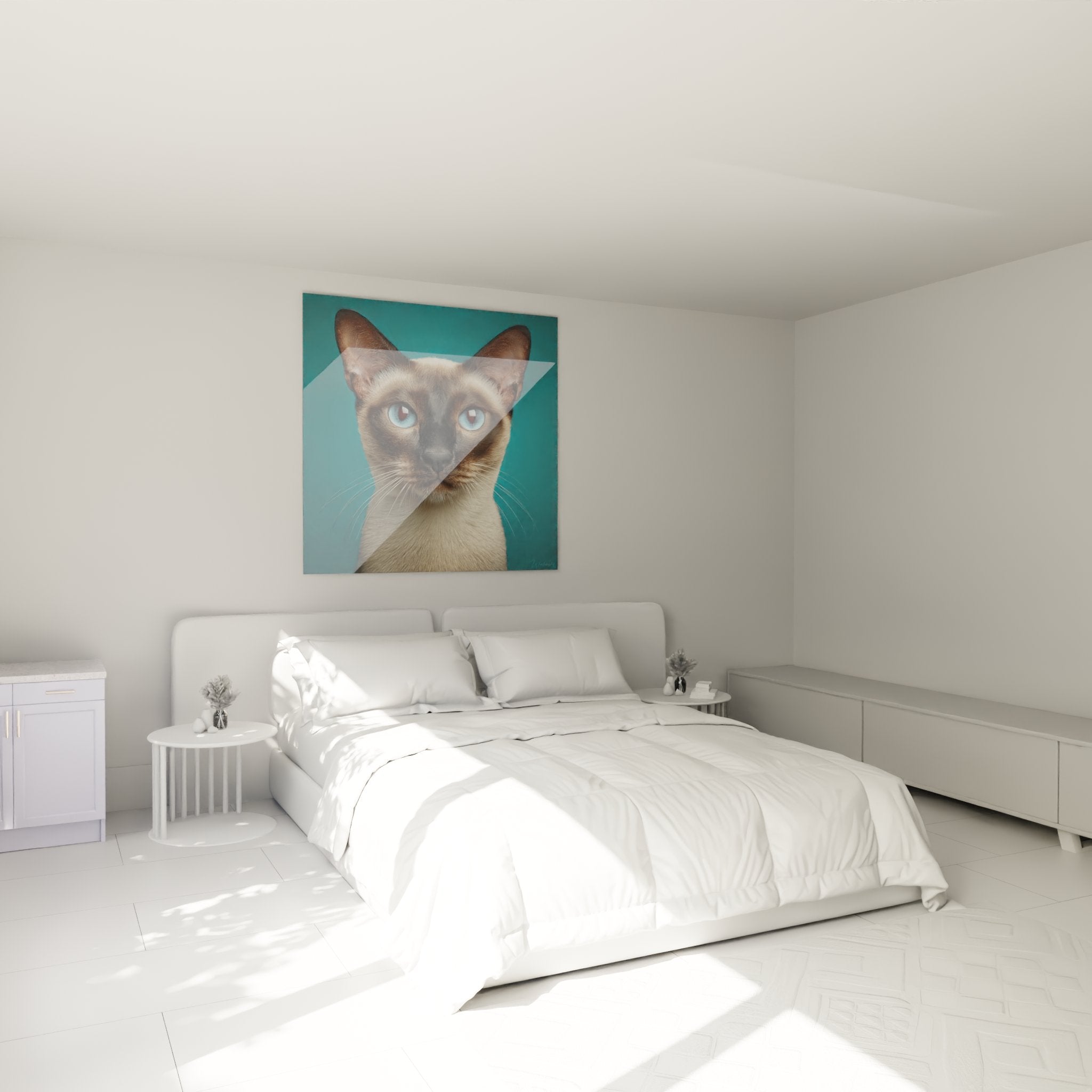 Quadro gatto Tonkinese occhi blu in camera moderna, elegante decorazione murale felina con sfondo turchese