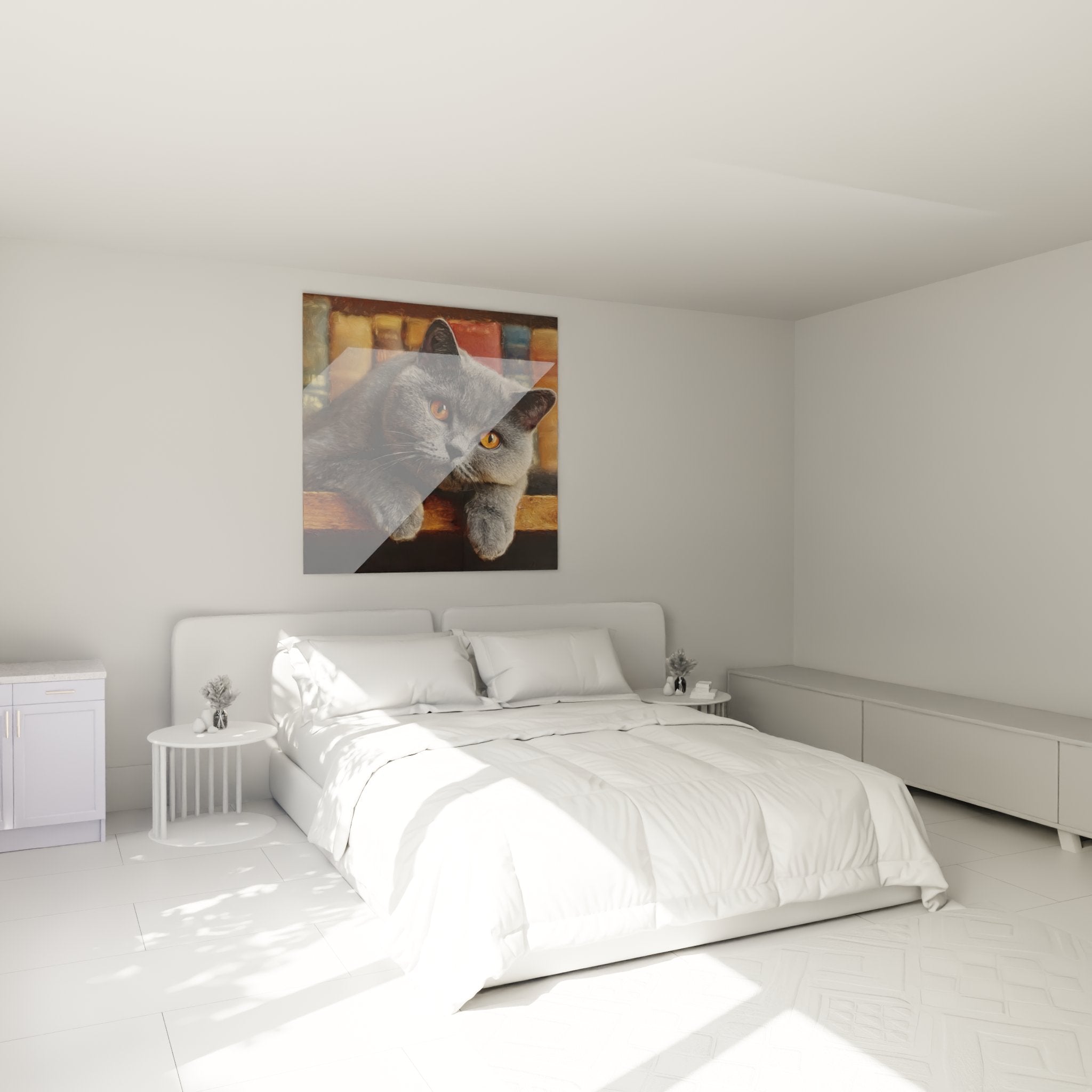 Decorazione camera da letto con quadro British Shorthair grigio, atmosfera calda e accogliente per interni moderni