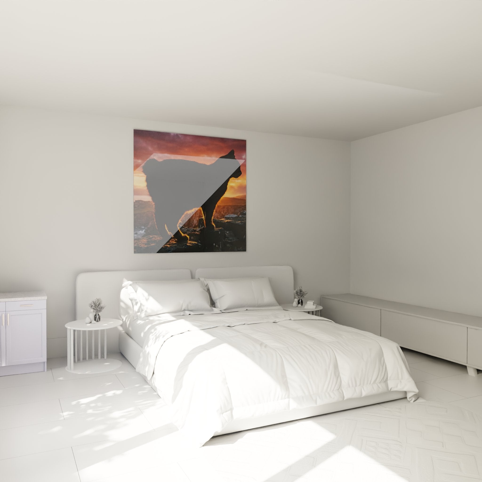 Quadro gatto Manx al tramonto che decora elegantemente una camera moderna con atmosfera calorosa