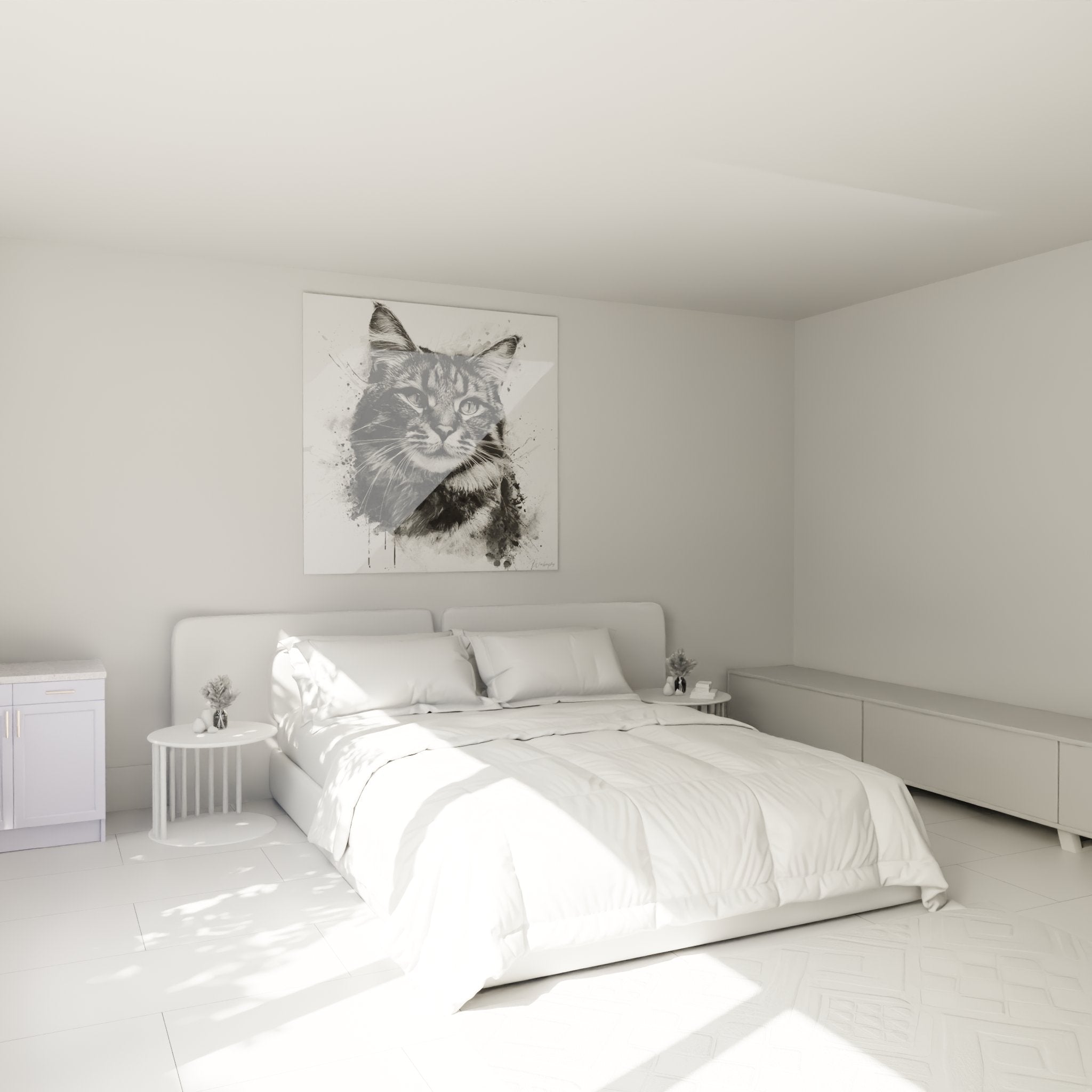 American Bobtail watercolor cat painting decorating a modern bedroom with contemporary artistic style