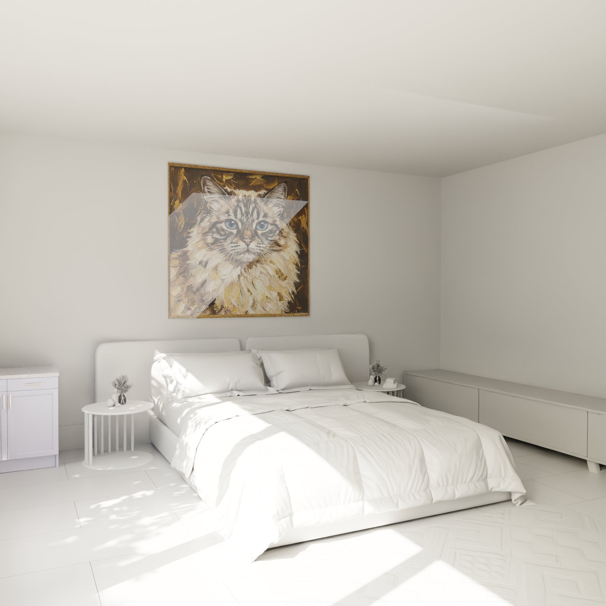 Tableau chat Himalayan décorant une chambre moderne avec cadre doré sur mur blanc