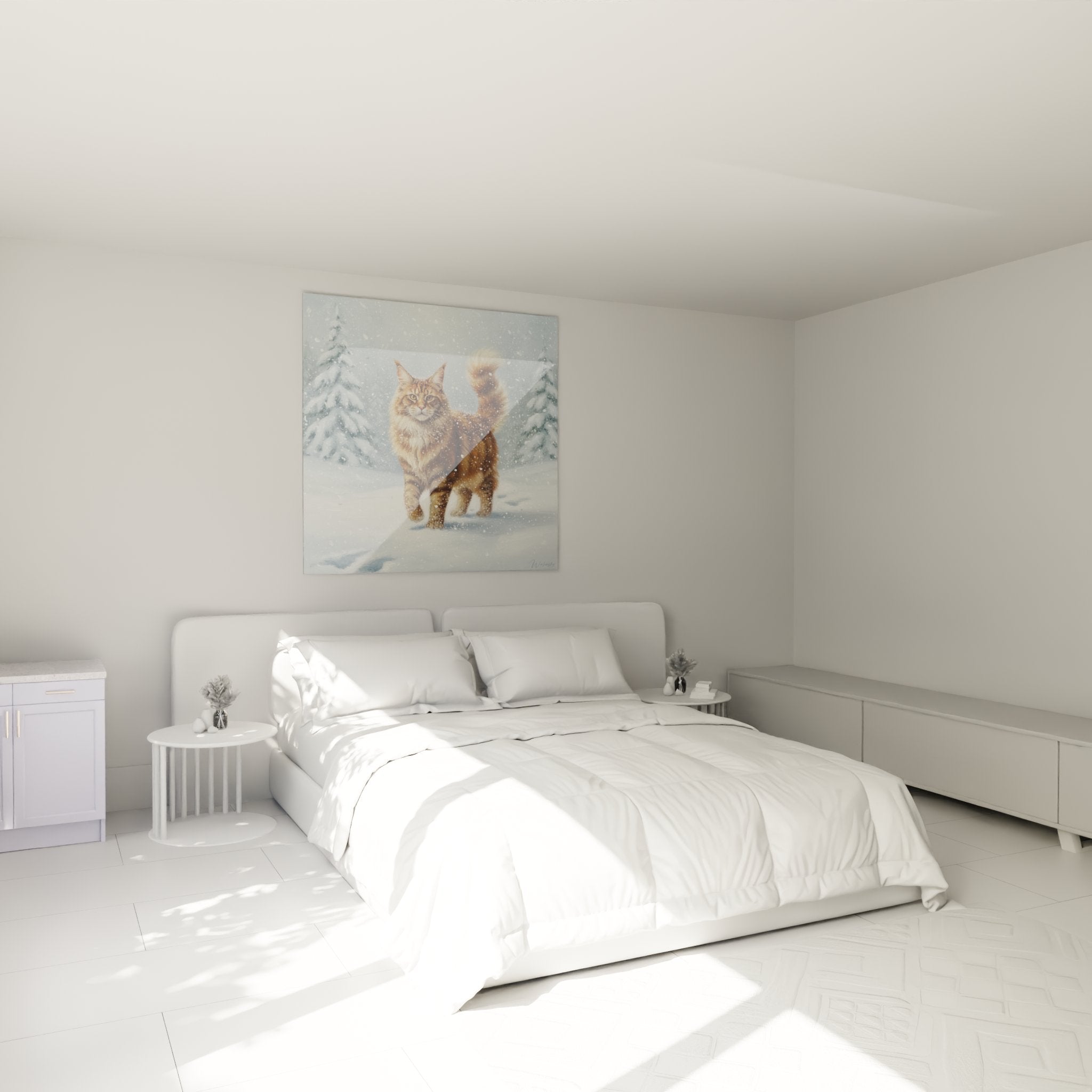 Maine Coon snow wall decoration in modern bedroom, winter cat painting above bed