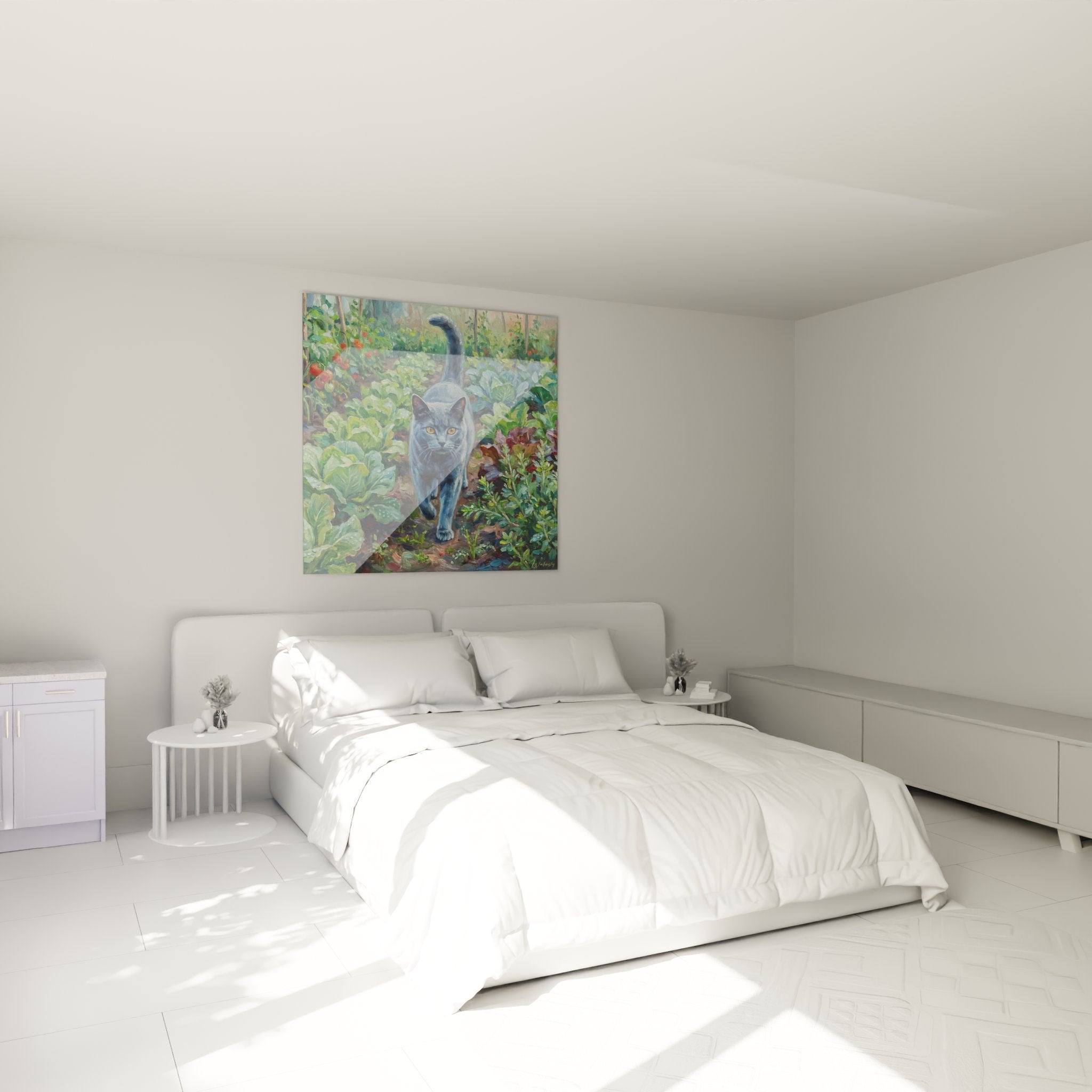 Wall decoration bedroom with Chartreux cat painting vegetable garden impressionist style natural atmosphere