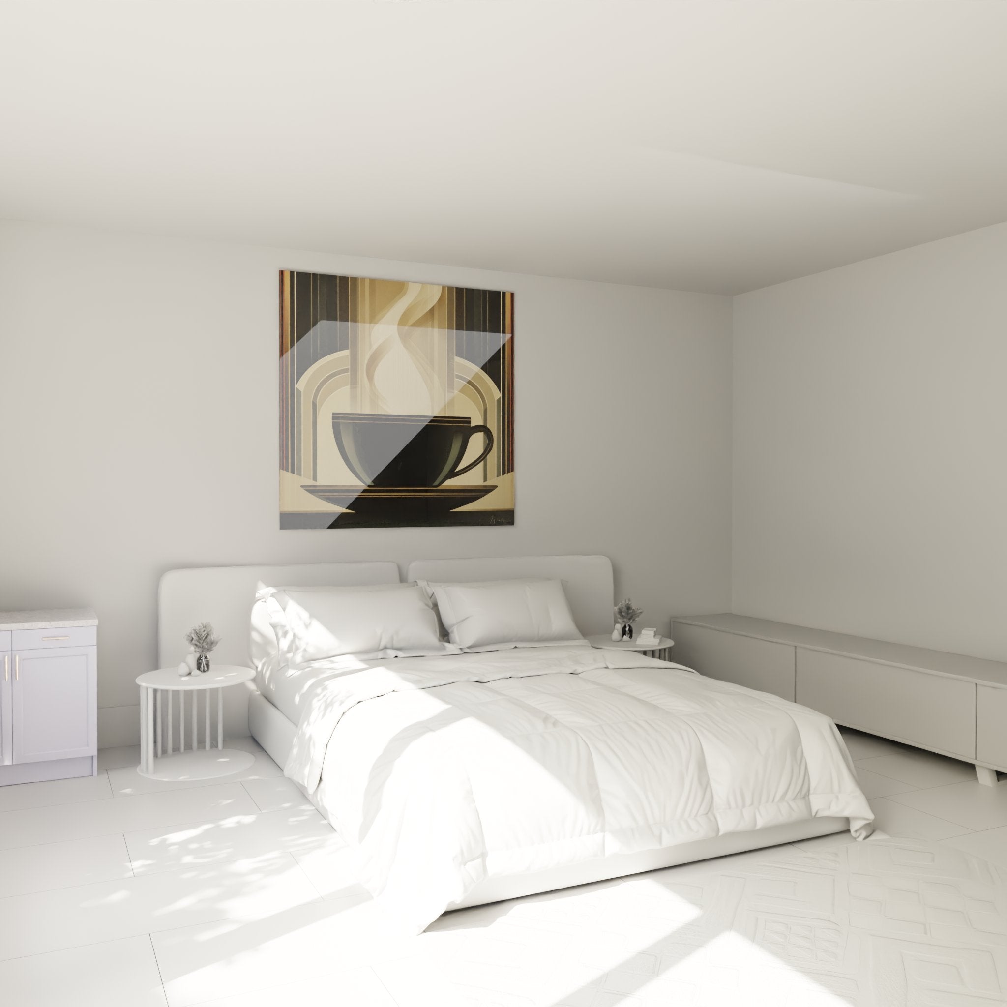 Tableau cafe art deco accroche chambre mur beige ambiance chaleureuse decoration interieure raffinee